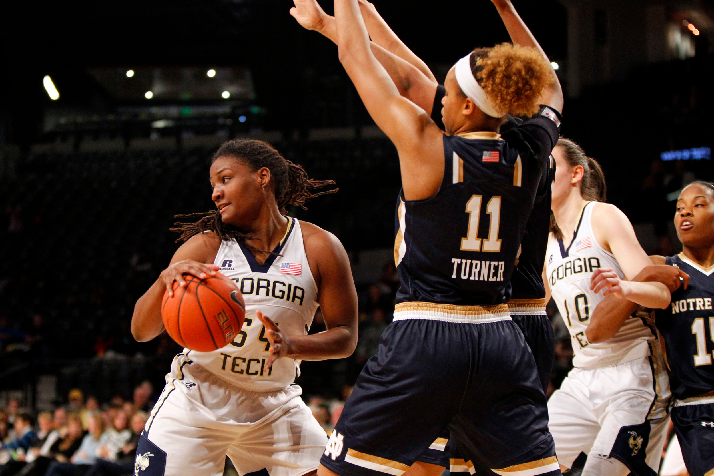 Roddreka Rogers is defended by Notre Dame Fighting Irish forward Brianna Turner. Brett Davis-USA TODAY Sports