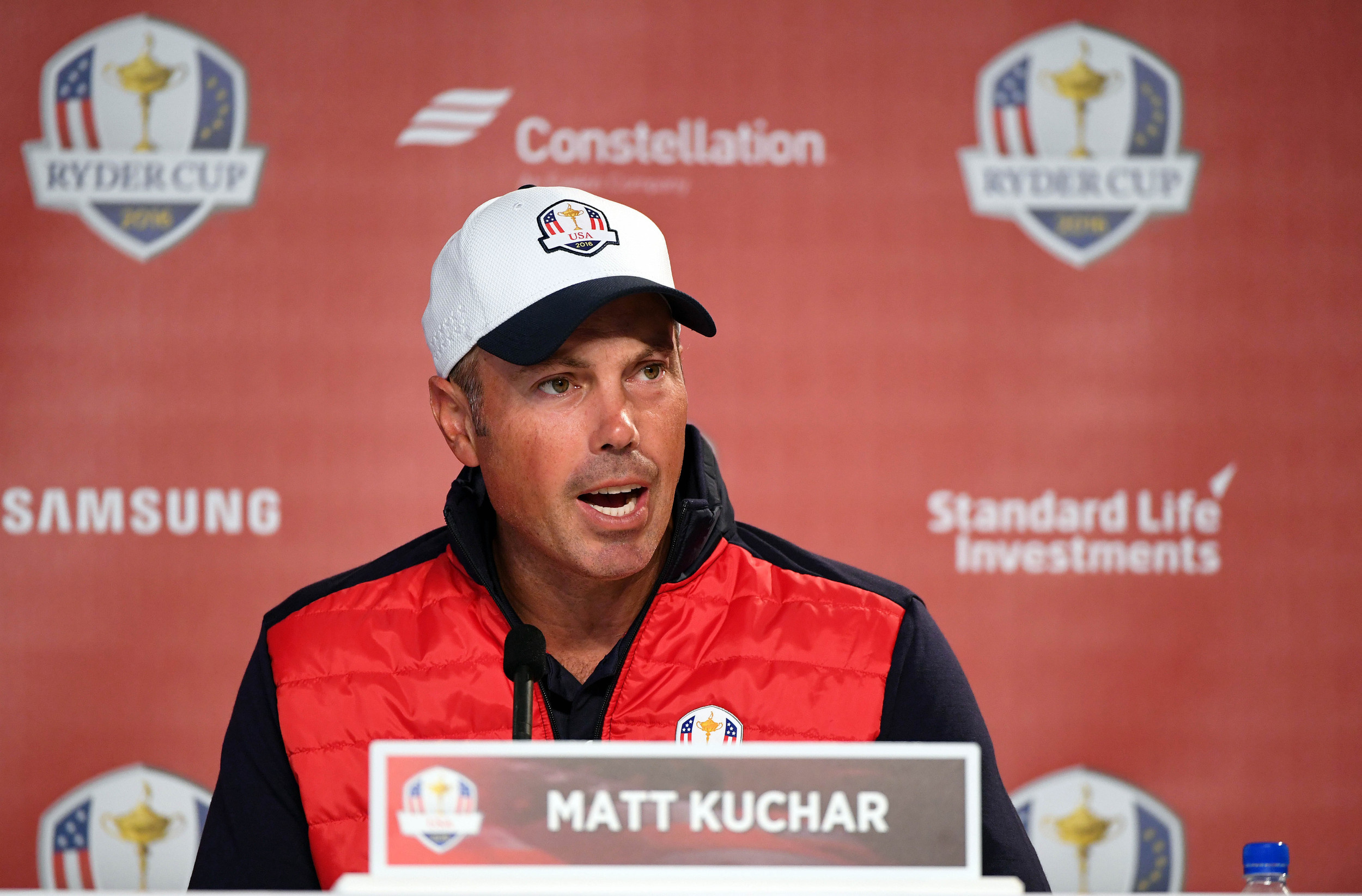 Matt Kuchar addresses the media before a practice round for the 41st Ryder Cup at Hazeltine National Golf Club. Credit: John David Mercer-USA TODAY Sports