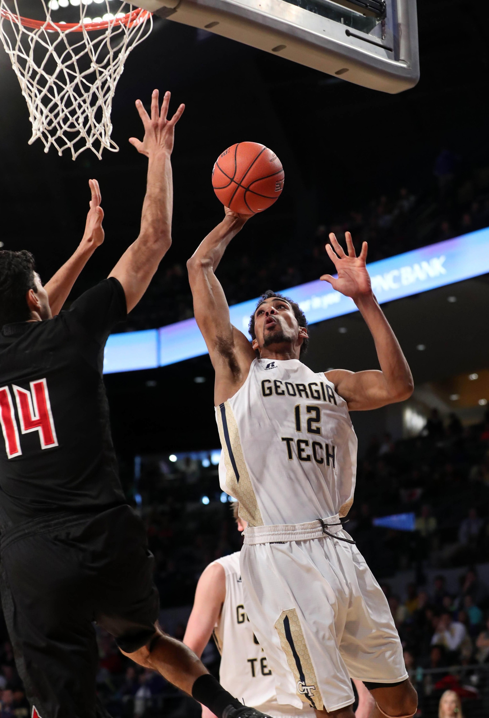 Yellow Jackets forward Quinton Stephens (12) attempts a shot. Jason Getz-USA TODAY Sports
