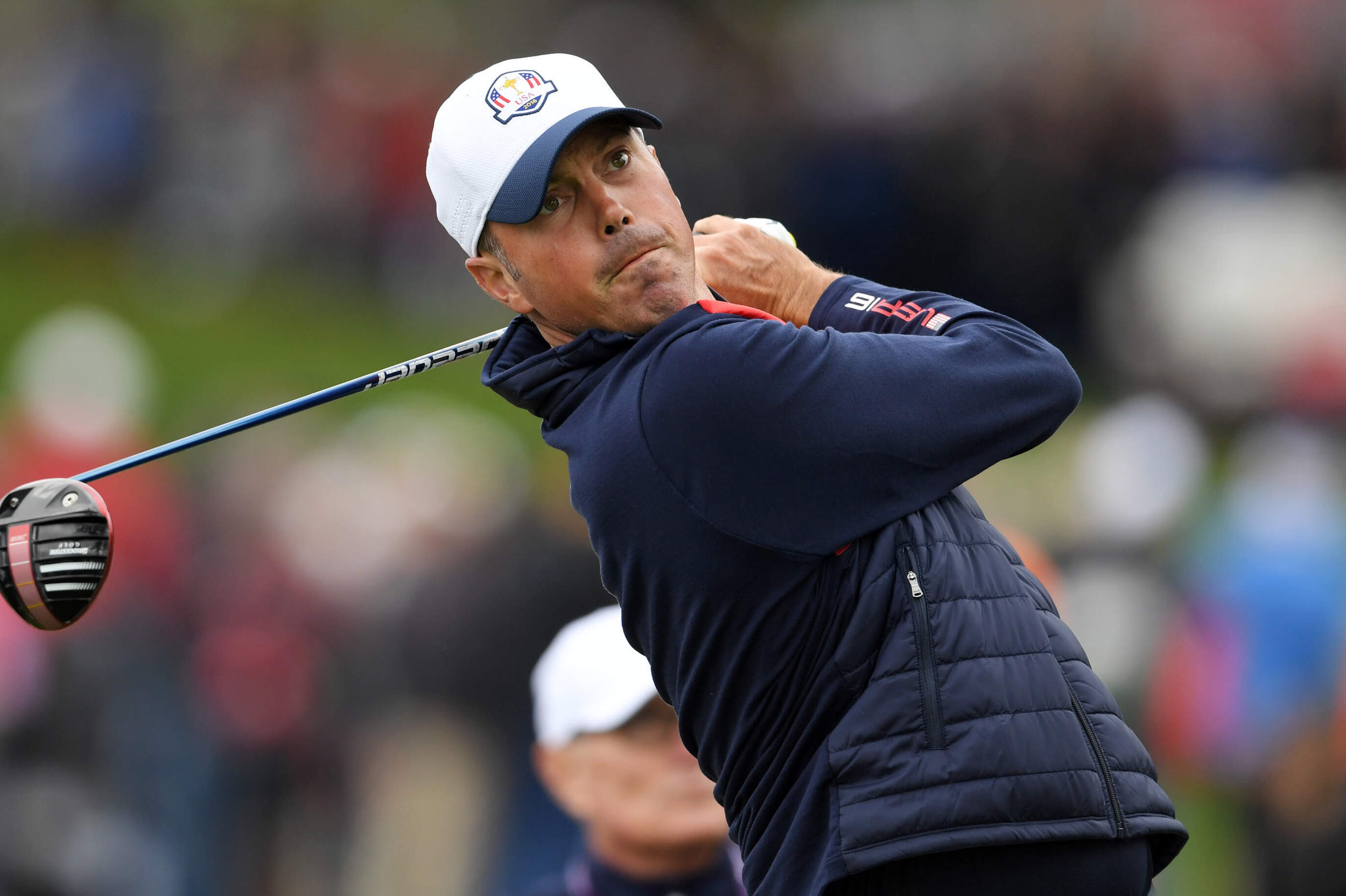 Matt Kuchar tees off during the 41st Ryder Cup at Hazeltine National Golf Club. Credit: Michael Madrid-USA TODAY Sports