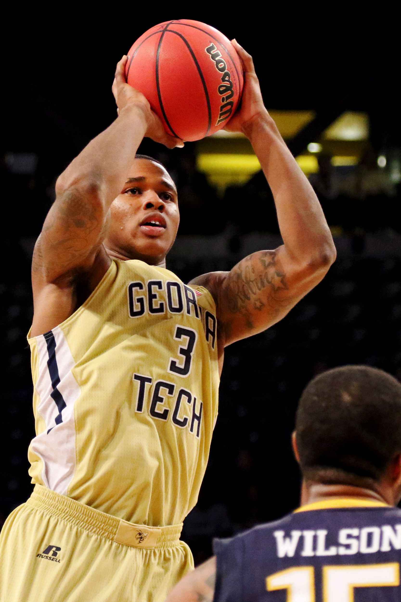 Nov 22, 2015; Atlanta, GA, USA; Georgia Tech Yellow Jackets forward Marcus Georges-Hunt (3) shoots the ball against the East Tennessee State Buccaneers in the first half at McCamish Pavilion. Mandatory Credit: Brett Davis-USA TODAY Sports