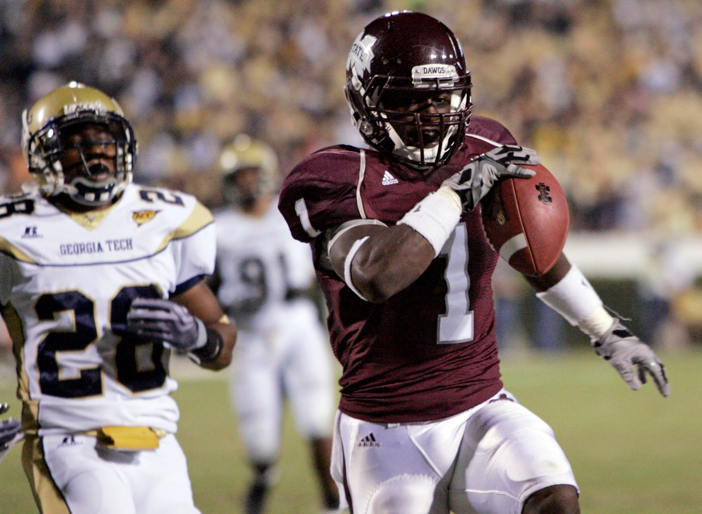 Mississippi State wide receiver Chad Bumphis runs past Georgia Tech cornerback Rashaad Reid (28). (AP)