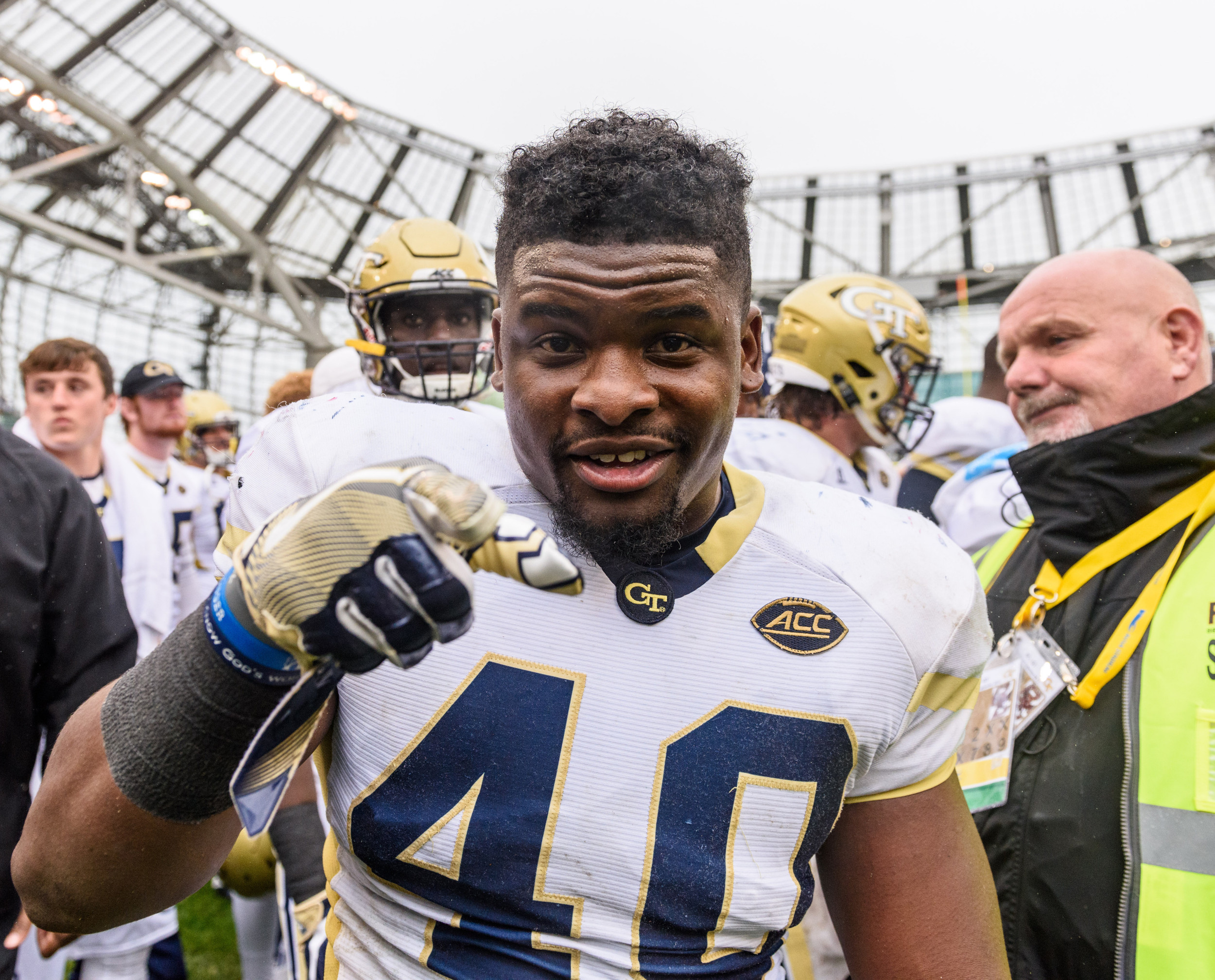 Georgia Tech Linebacker P.J. Davis (40) celebrates after an NCAA football game, Saturday, Sept. 3, 2016, in Dublin, Ireland. (Danny Karnik/Georgia Tech via AP)
