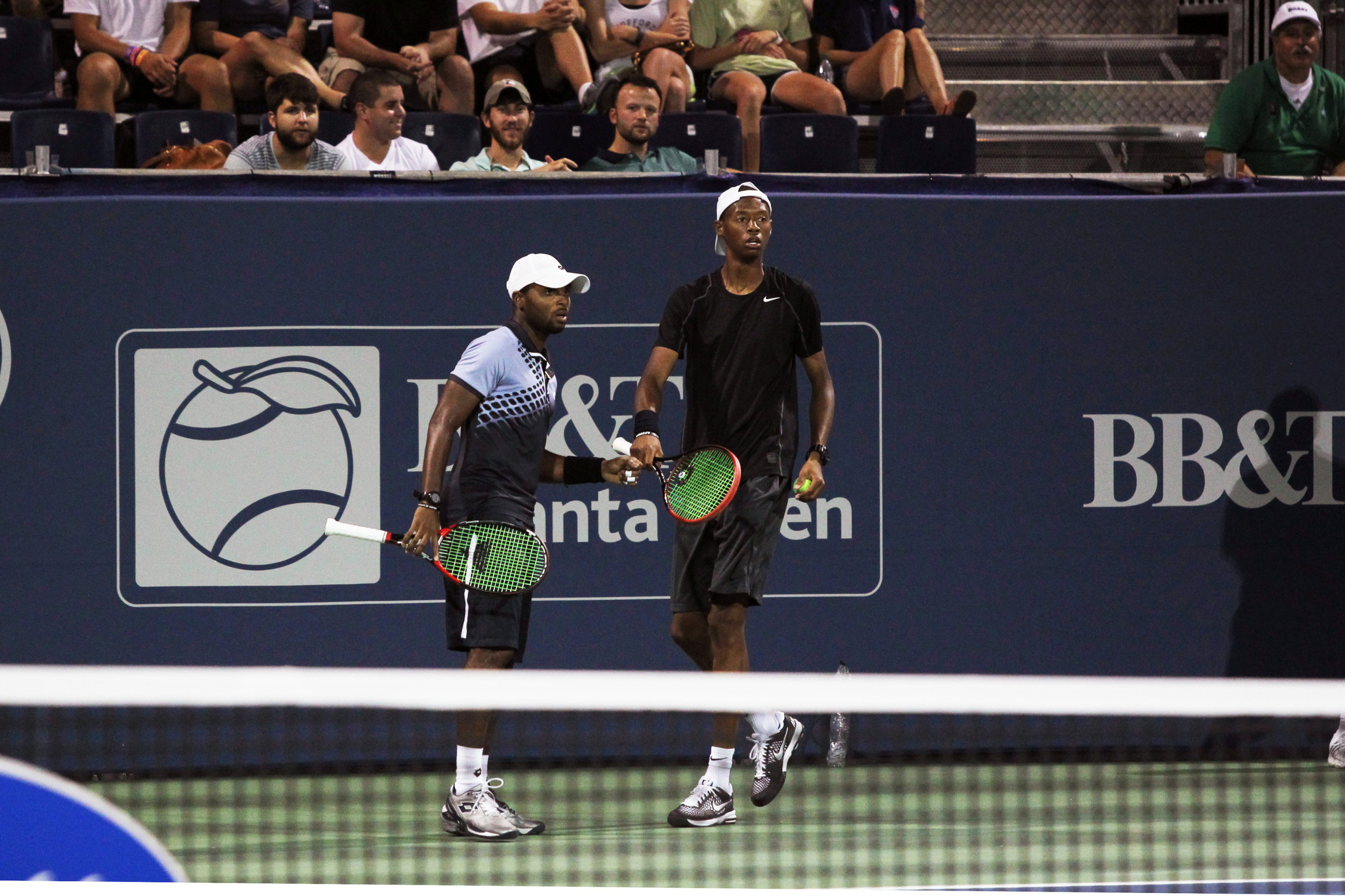 Donald Young and Christopher Eubanks (right) during their opening round match against Mate Pavic and Michael Venus at the BB&T Atlanta Open