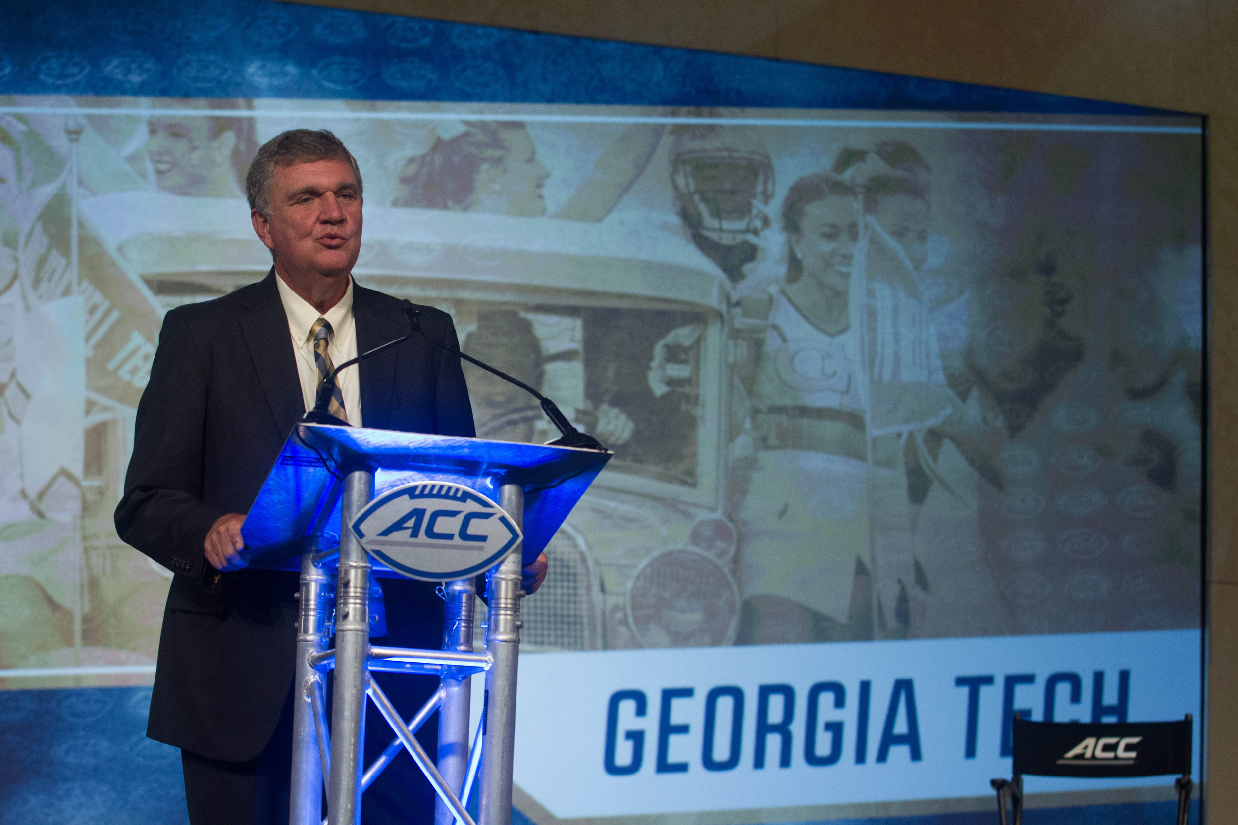Jul 21, 2016; Charlotte, NC, USA; Georgia Tech Yellow Jackets head coach Paul Johnson speaks to the media during the ACC Football Kickoff at Westin Charlotte. Credit: Jeremy Brevard-USA TODAY Sports