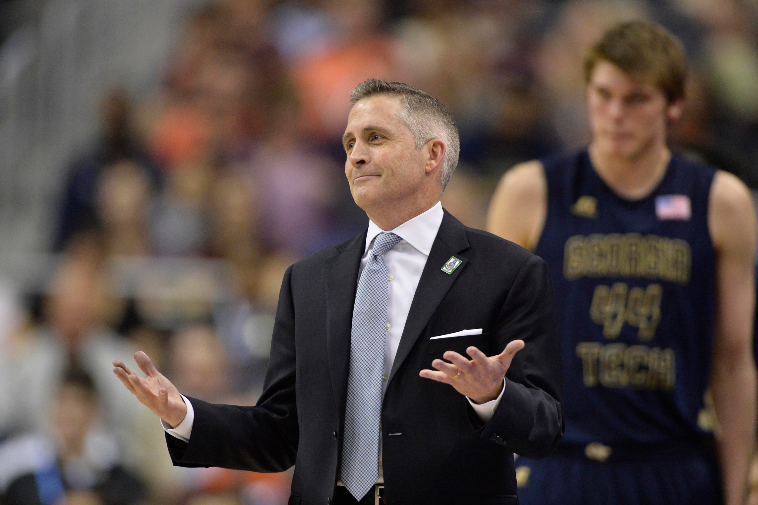 Mar 10, 2016; Washington, DC, USA; Georgia Tech Yellow Jackets head coach Brian Gregory reacts after a call in the first half. Credit: Tommy Gilligan-USA TODAY Sports