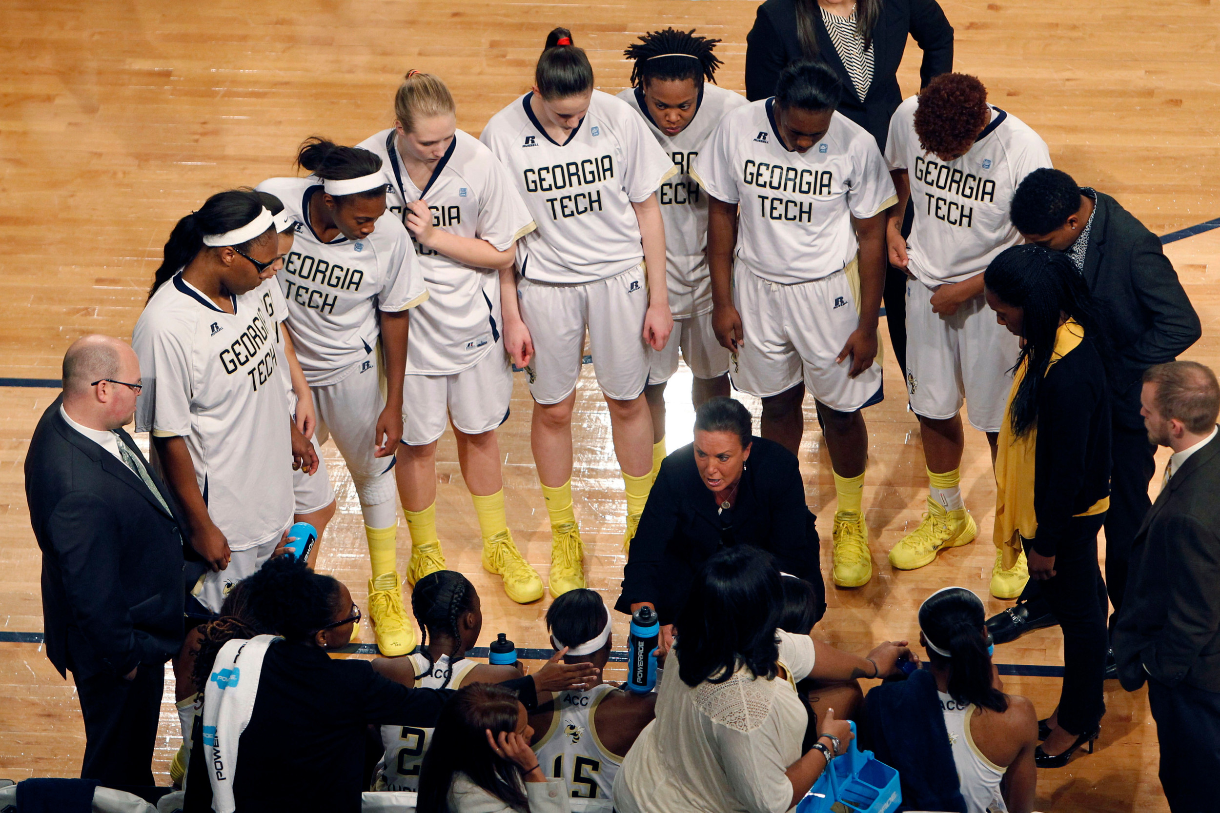 Jan 5, 2014; Atlanta, GA, USA; Yellow Jackets head coach MaChelle Joseph (center) instructs her team in the first half. Brett Davis-USA TODAY Sports