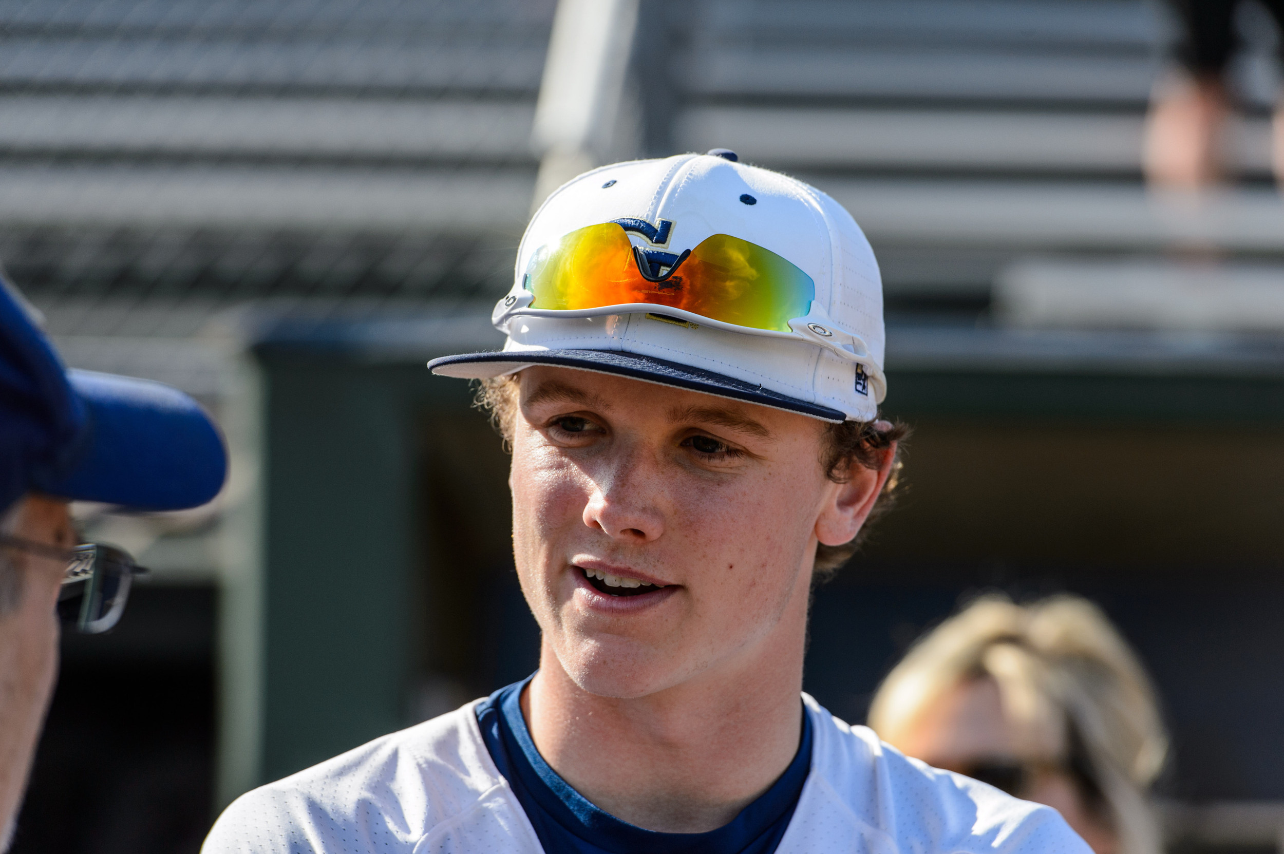 Carter Hall (1) talks to the media after the game