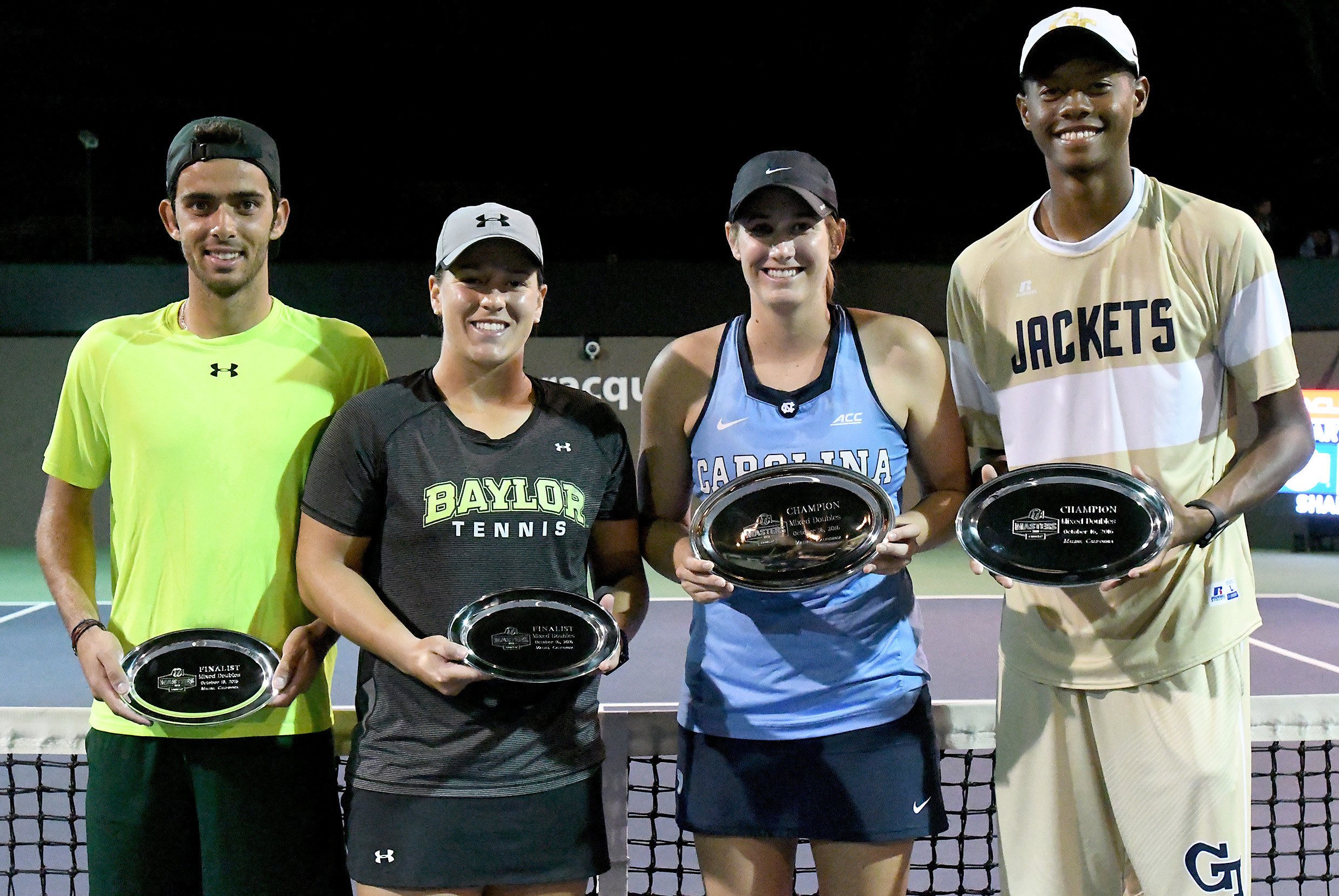 L-R: Blair Shankle, Max Tchoutakian (Baylor), Hayley Carter (North Carolina) and Christopher Eubanks (Georgia Tech) pose following the mixed doubles final in the Oracle ITA Masters. Credit: Jayne Kamin-Oncea-USA TODAY Sports