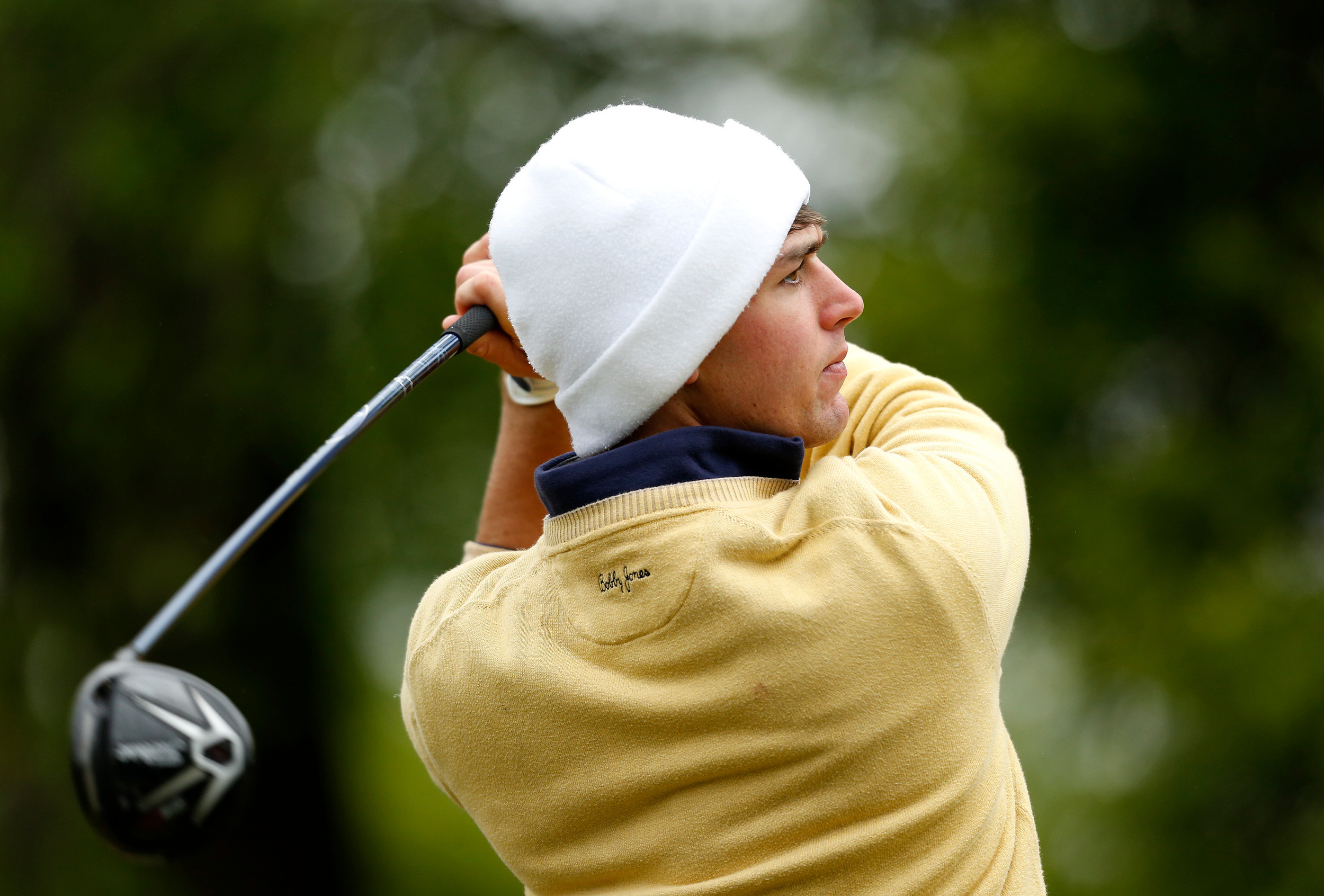 Georgia Tech's Ollie Schniederjans watches his tee shot from the first tee in the 2015 ACC men's golf championship at the Old North State club in New London, N.C., Sunday, April 26, 2015. (Photo by Nell Redmond, theACC.com)