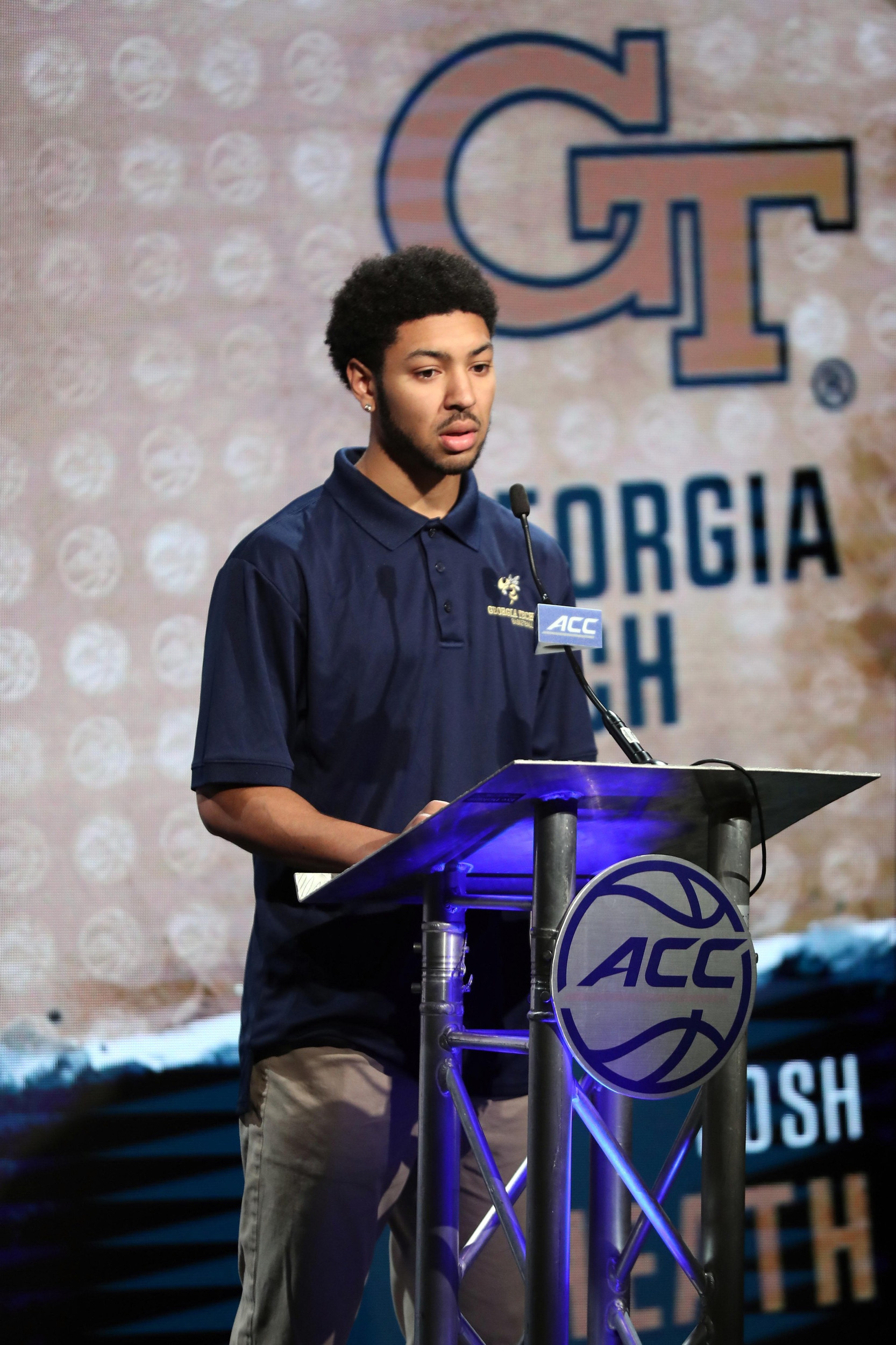 Oct 26, 2016; Charlotte, NC, USA; Georgia Tech Yellow Jackets player Josh Heath speaks to the media during ACC Operation Basketball at The Ritz-Carlton. Credit: Jim Dedmon-USA TODAY Sports