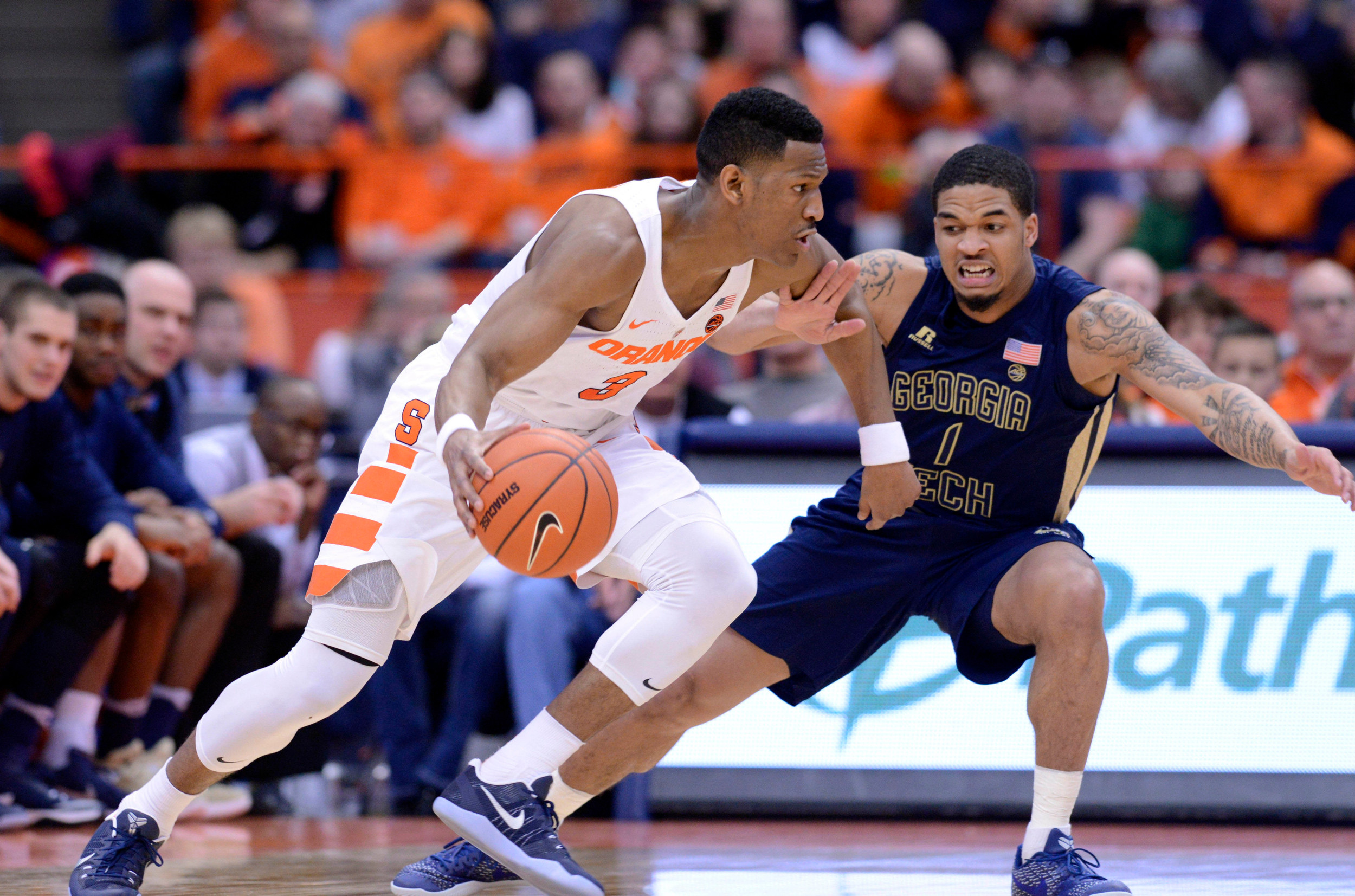 Mar 4, 2017; Syracuse, NY, USA; Syracuse Orange guard Andrew White III (3) drives the ball past Georgia Tech Yellow Jackets guard Tadric Jackson (1). Mark Konezny-USA TODAY Sports