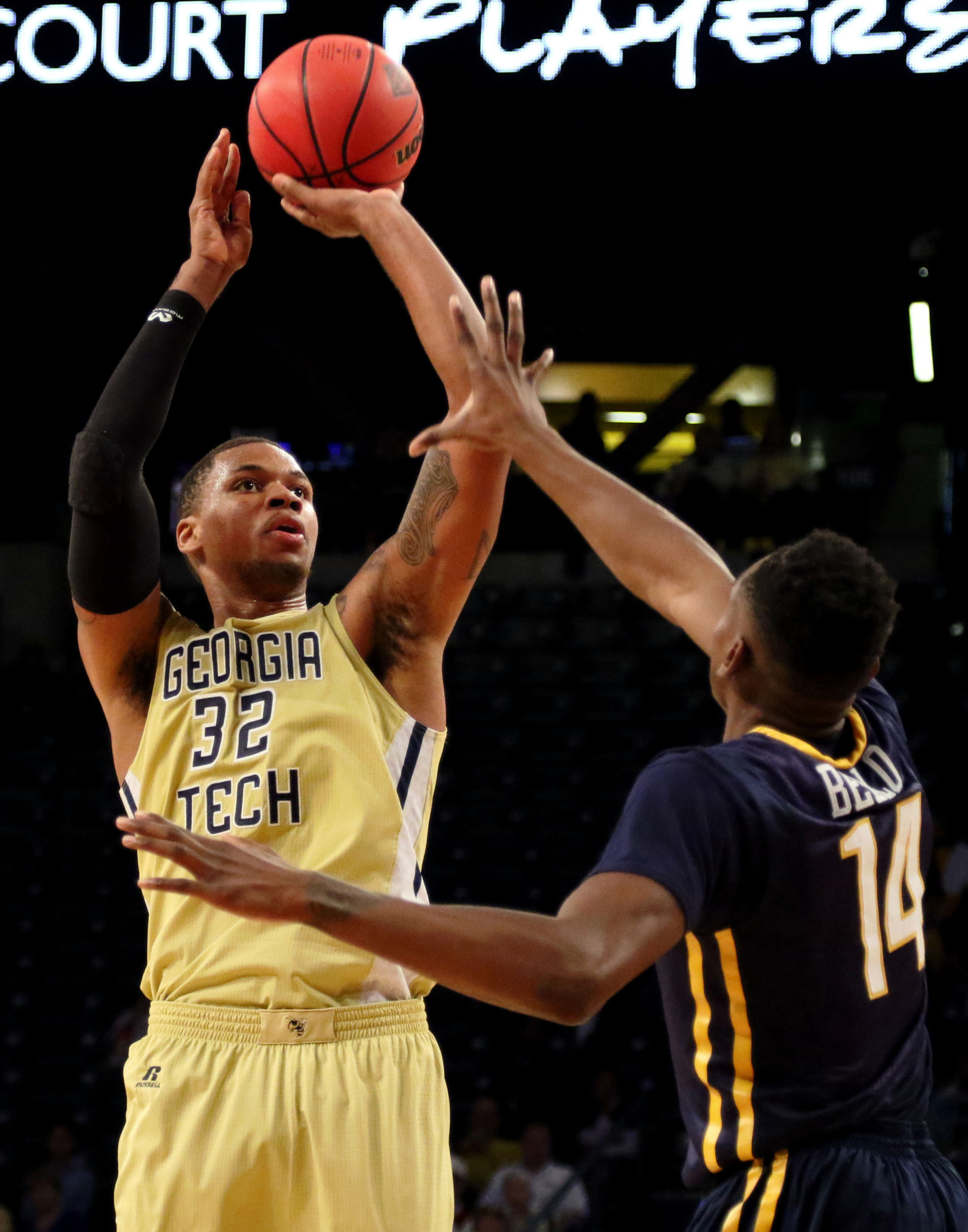 Nov 22, 2015; Atlanta, GA, USA; Georgia Tech Yellow Jackets forward Nick Jacobs (32) shoots the ball against the East Tennessee State Buccaneers in the first half at McCamish Pavilion. Mandatory Credit: Brett Davis-USA TODAY Sports