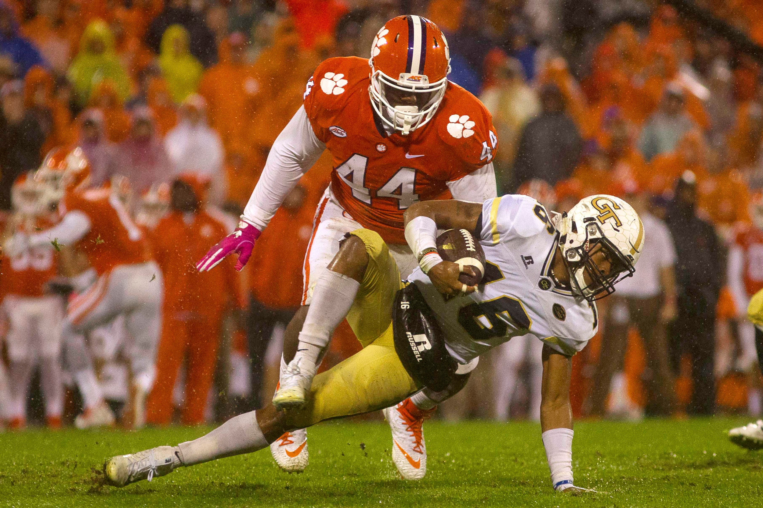 Oct 28, 2017; Clemson, SC, USA; Clemson Tigers defensive tackle Nyles Pinckney (44) sacks Georgia Tech Yellow Jackets quarterback TaQuon Marshall (16) during the first half at Clemson Memorial Stadium. Mandatory Credit: Joshua S. Kelly-USA TODAY Sports