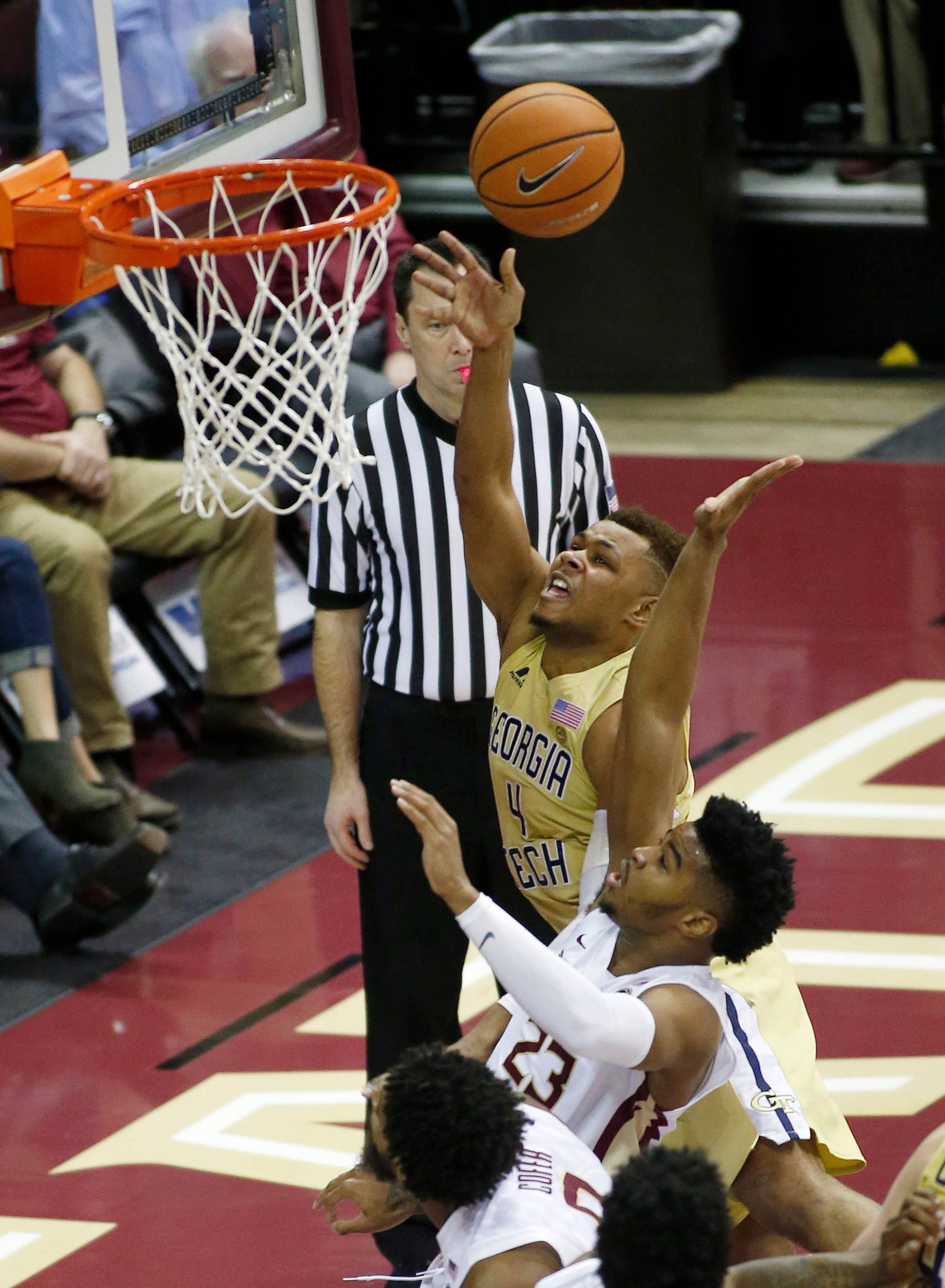 Jan 24, 2018; Tallahassee, FL, USA; Georgia Tech Yellow Jackets guard Brandon Alston (4) scores over Florida State Seminoles guard M.J. Walker (23) during the first half of play at Donald L. Tucker Center. Mandatory Credit: Glenn Beil-USA TODAY Sports