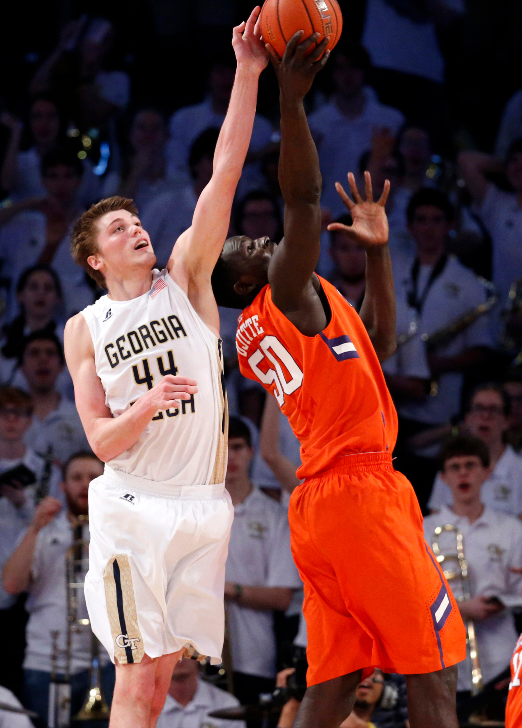 Ben Lammers fights for a rebound against Clemson Tigers center Sidy Djitte (50) in the first half of their game at McCamish Pavilion. Jason Getz-USA TODAY Sports