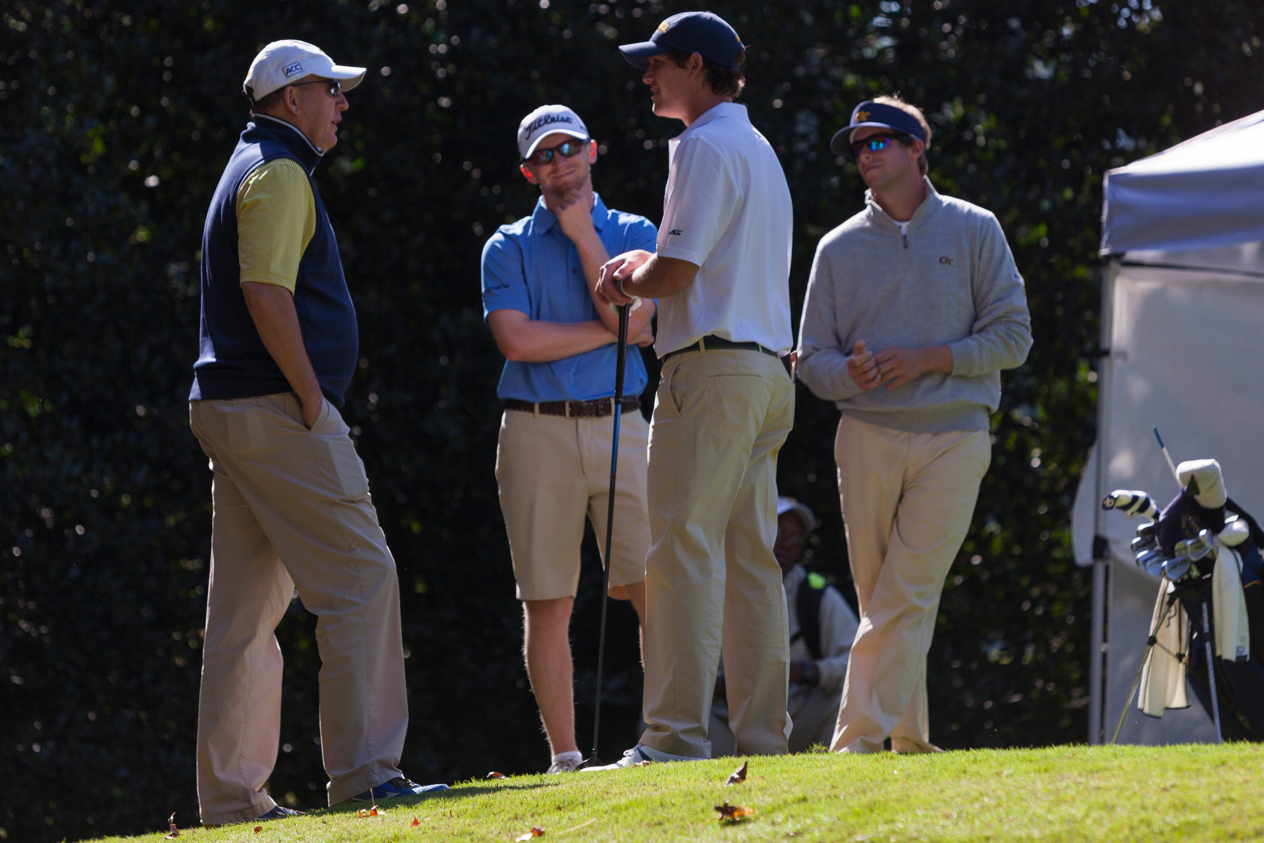 Head coach Bruce Heppler with former Tech players Anders Albertson (2nd from left) and Bo Andrews (right) and Michael Pisciotta (2nd from right) during the first round of the United States Collegiate Championship at the Golf Club of Georgia, October 16, 2015