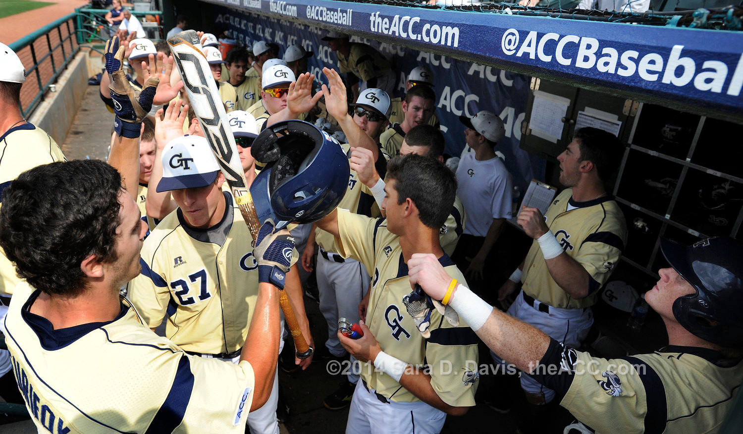 Georgia Tech outfielder Ryan Peurifoy (6) is congratulated by the team during game four of the 2014 ACC Baseball Tournament in Greensboro, N.C., May 21, 2014. (Photo by Sara D. Davis, theACC.com)