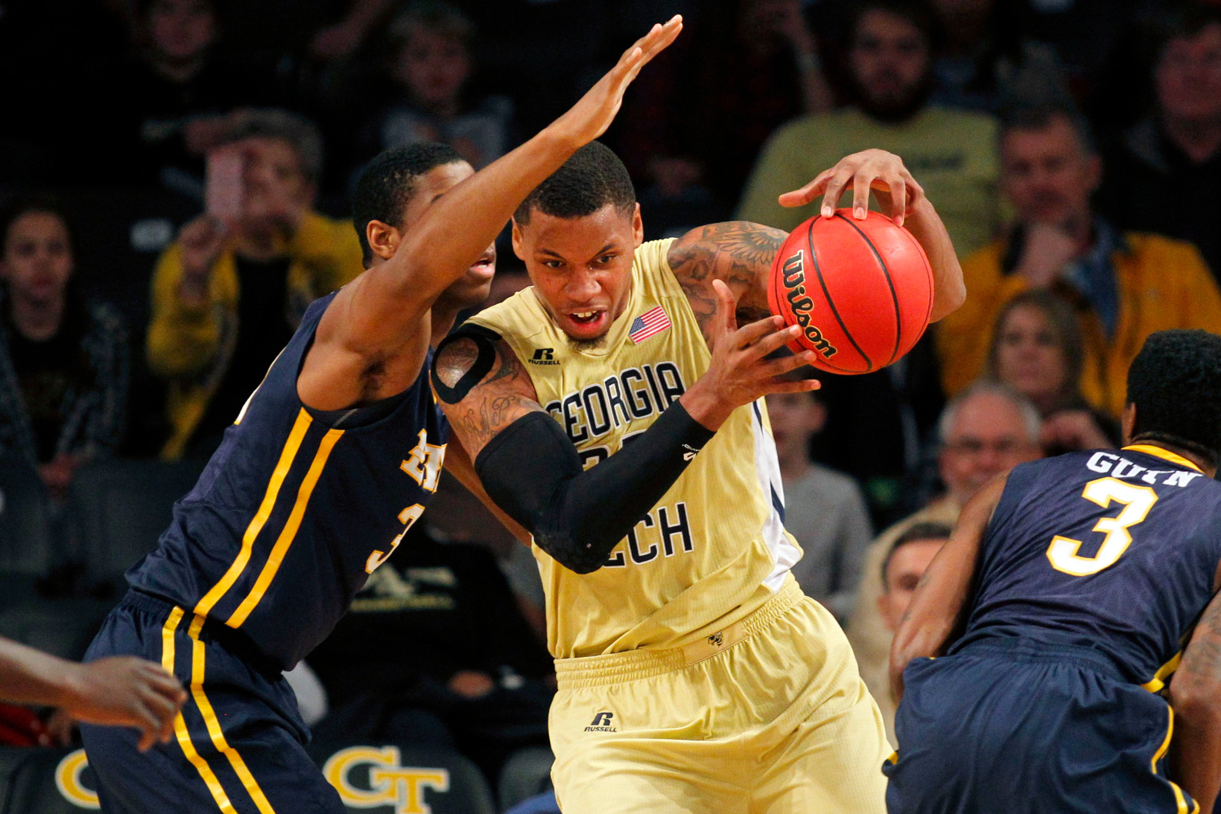 Nov 22, 2015; Atlanta, GA, USA; Georgia Tech Yellow Jackets forward Nick Jacobs (32) drives to the basket against the East Tennessee State Buccaneers in the second half at McCamish Pavilion. East Tennessee State defeated Georgia Tech 69-68. Mandatory Credit: Brett Davis-USA TODAY Sports