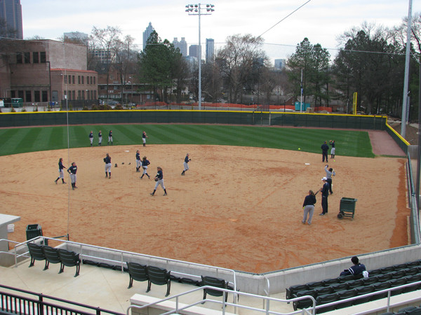 Softball team practices in its new stadium for the first time.