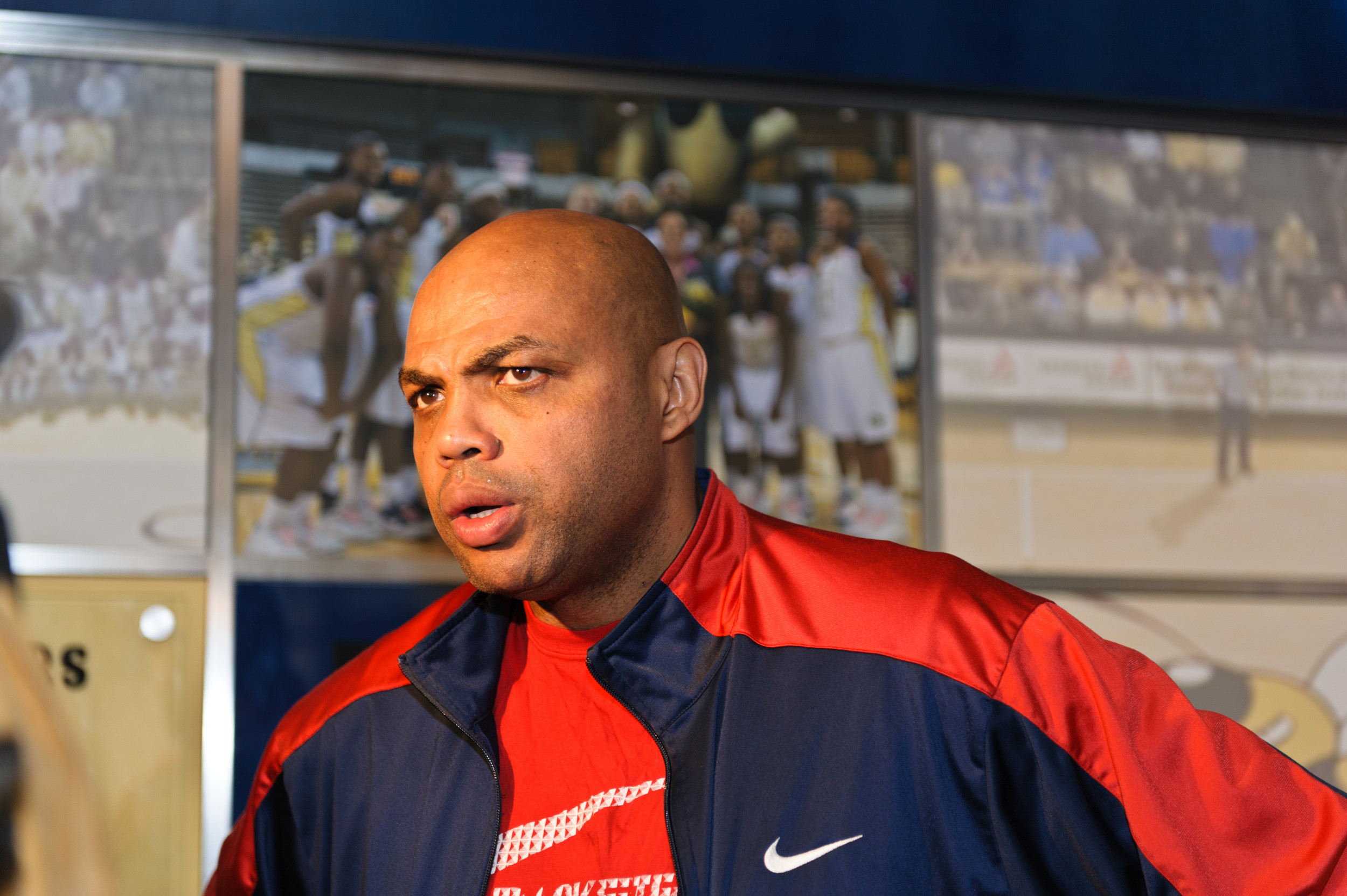NBA Hall of Famer Charles Barkley speaks with members of the media after talking to the Georgia Tech Women's Basketball team.