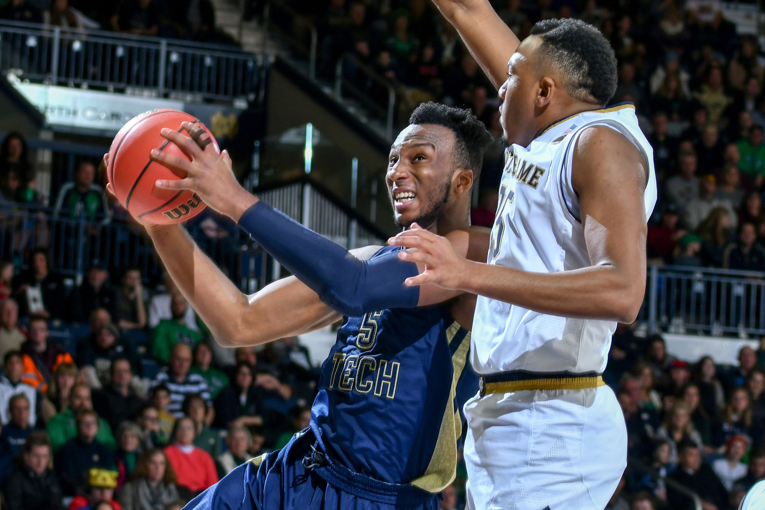 Dec 30, 2017; South Bend, IN, USA; Georgia Tech Yellow Jackets guard Josh Okogie (5) goes up for a shot as Notre Dame Fighting Irish forward Bonzie Colson (35) defends in the first half at the Purcell Pavilion. Mandatory Credit: Matt Cashore-USA TODAY Sports