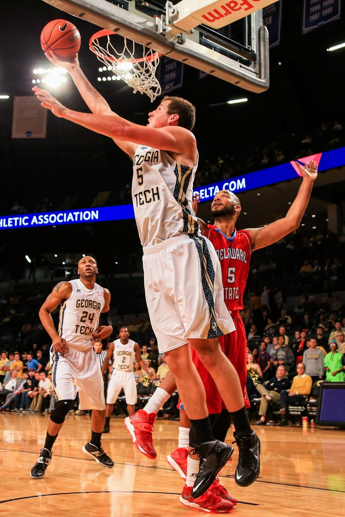 Nov 11, 2013; Atlanta, GA, USA; Georgia Tech Yellow Jackets center Daniel Miller (5) shoots a basket in the first half against the Delaware State Hornets at Hank McCamish Pavilion. Mandatory Credit: Daniel Shirey-USA TODAY Sports