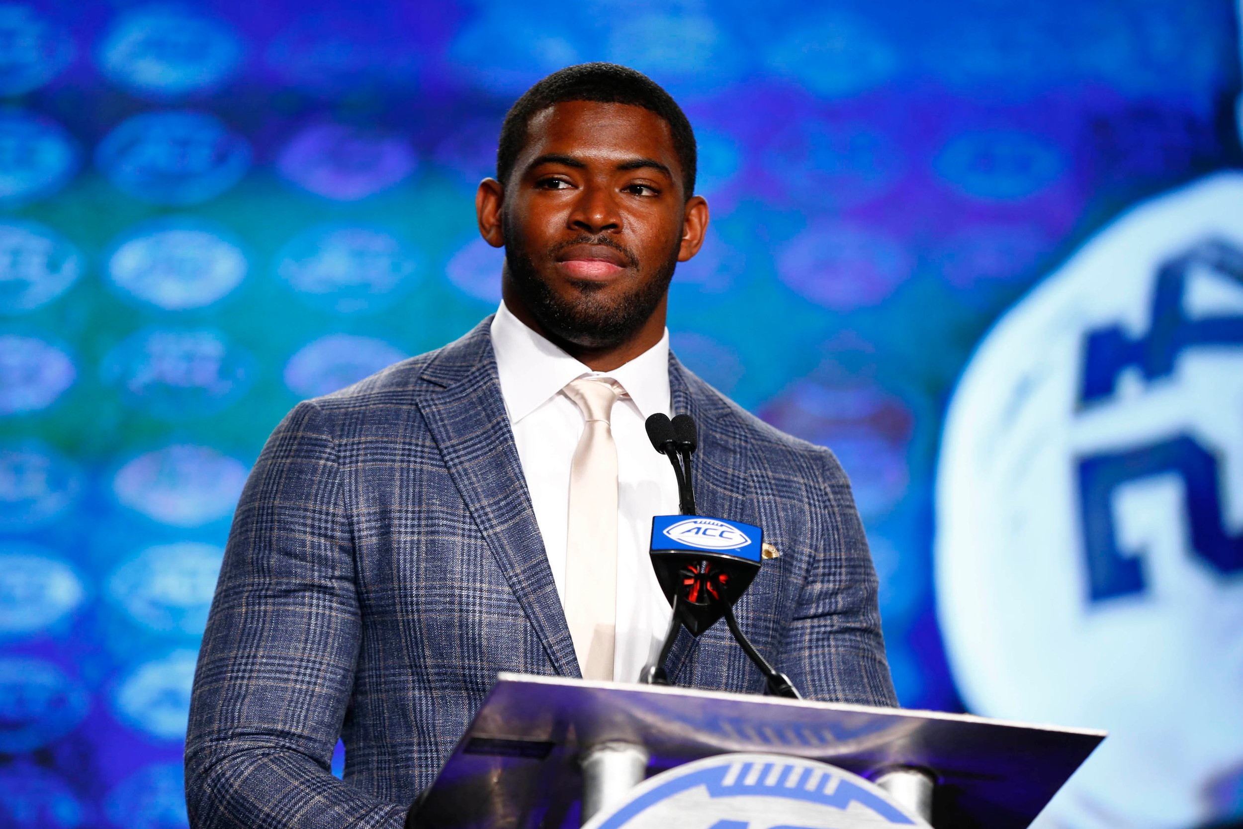 Georgia Tech Yellow Jackets defensive end KeShun Freeman speaks to the media during the ACC Kickoff at the Westin Charlotte. (Jeremy Brevard-USA TODAY Sports)