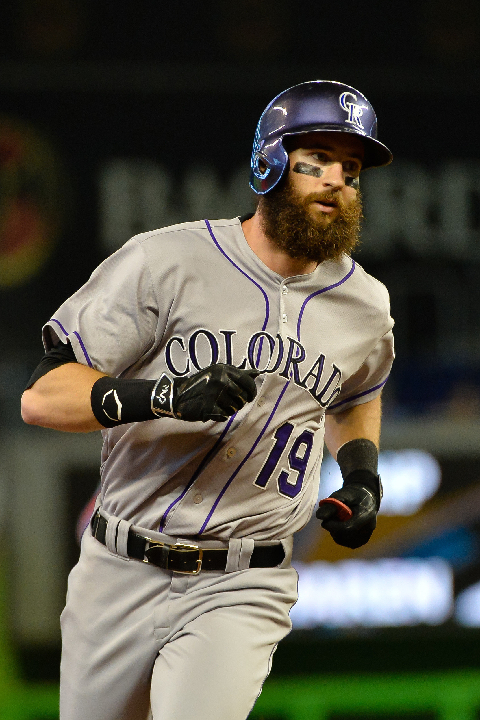 Jun 14, 2015; Miami, FL, USA; Colorado Rockies center fielder Charlie Blackmon (19) rounds the bases after hitting a solo home run during the first inning against the Miami Marlins at Marlins Park. Credit: Steve Mitchell-USA TODAY Sports