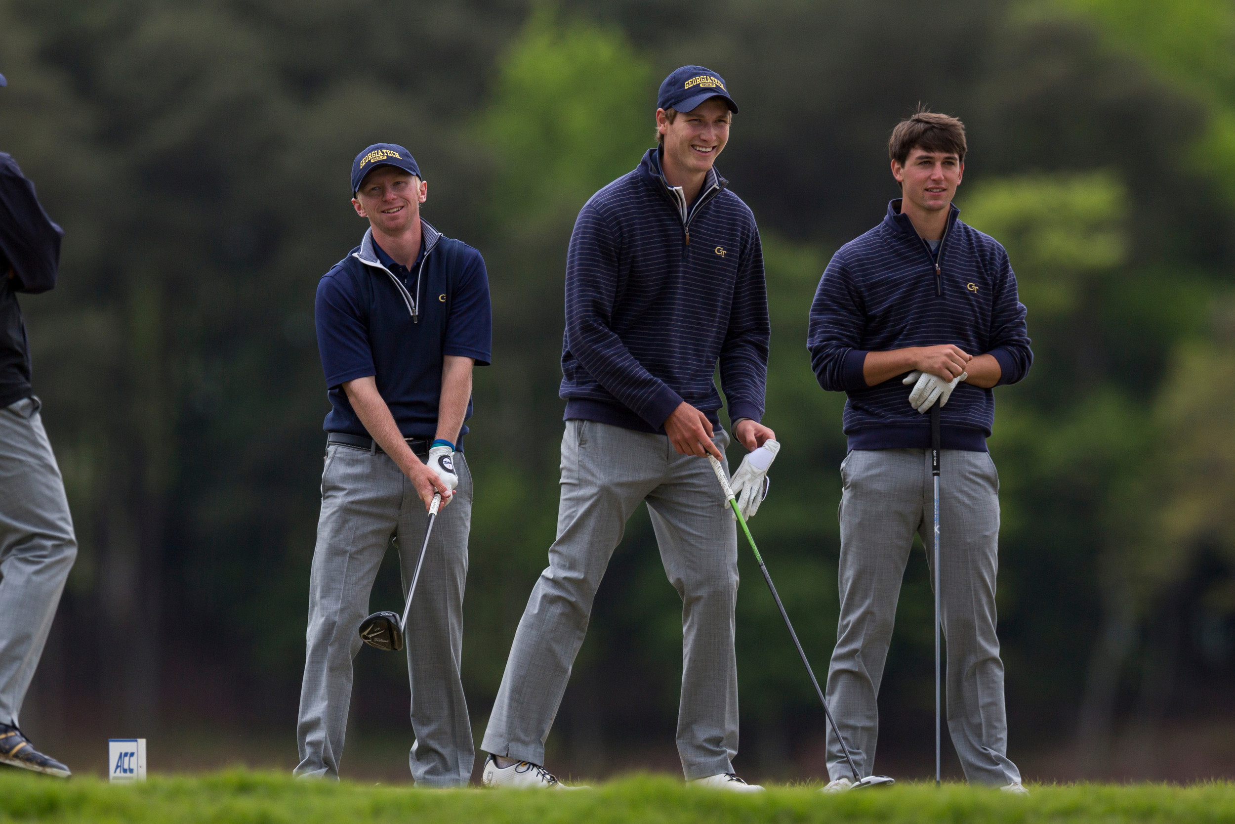 Anders Albertson, Vincent Whaley and Ollie Schniederjans on the 18th tee during the playoff of the ACC Golf Championship, April 26, 2015, Old North State Club, New London, N.C.