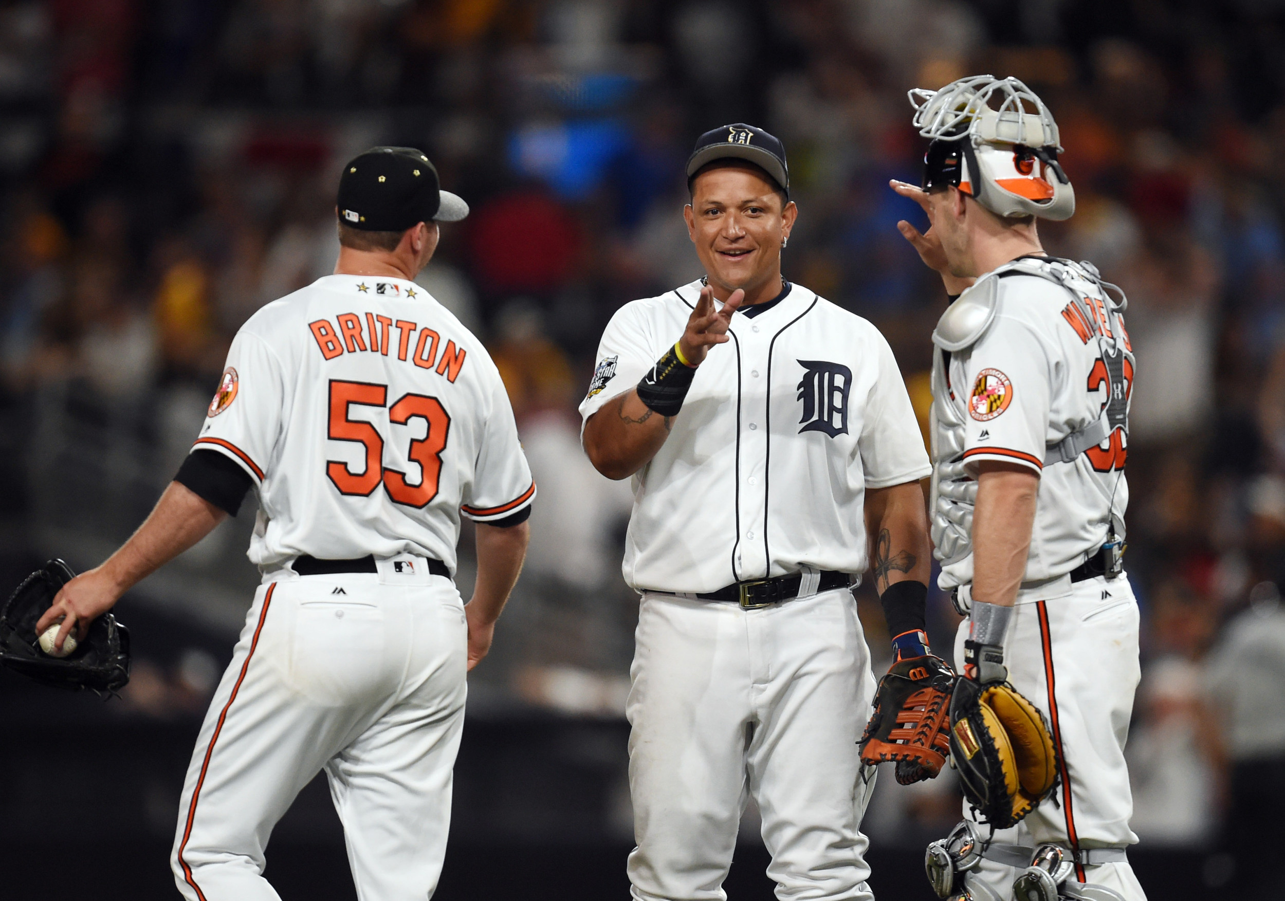 Jul 12, 2016; San Diego, CA, USA; American League infielder Miguel Cabrera (24) of the Detroit Tigers celebrates with pitcher Zach Britton (53) of the Baltimore Orioles and catcher Matt Wieters (32) of the Baltimore Orioles after the 2016 MLB All Star Game at Petco Park. Mandatory Credit: Gary A. Vasquez-USA TODAY Sports