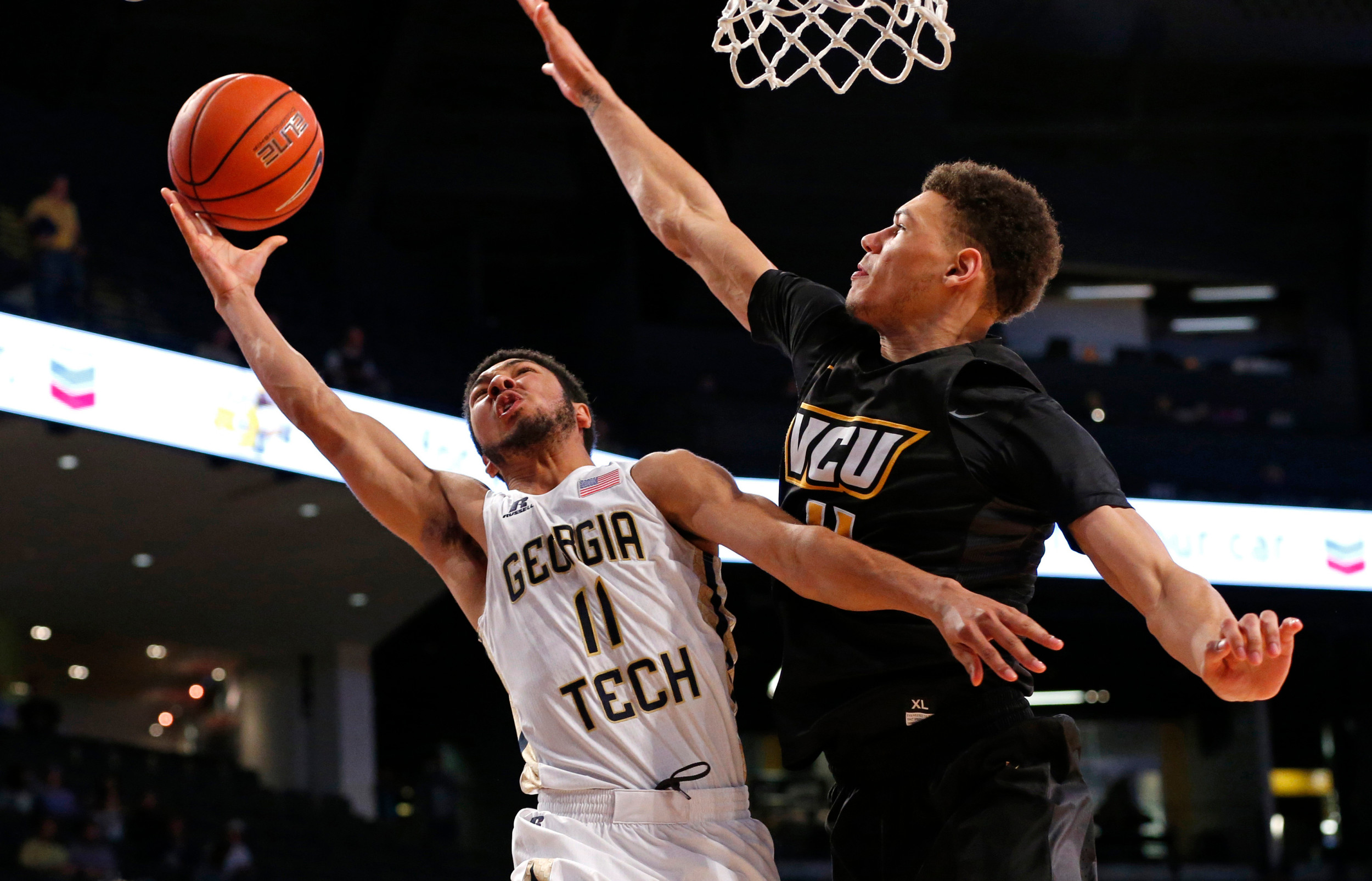 Georgia Tech guard Josh Heath shoots the ball in front of VCU Rams forward Michael Gilmore in the second half of their game at McCamish Pavilion. Credit: Jason Getz-USA TODAY Sports