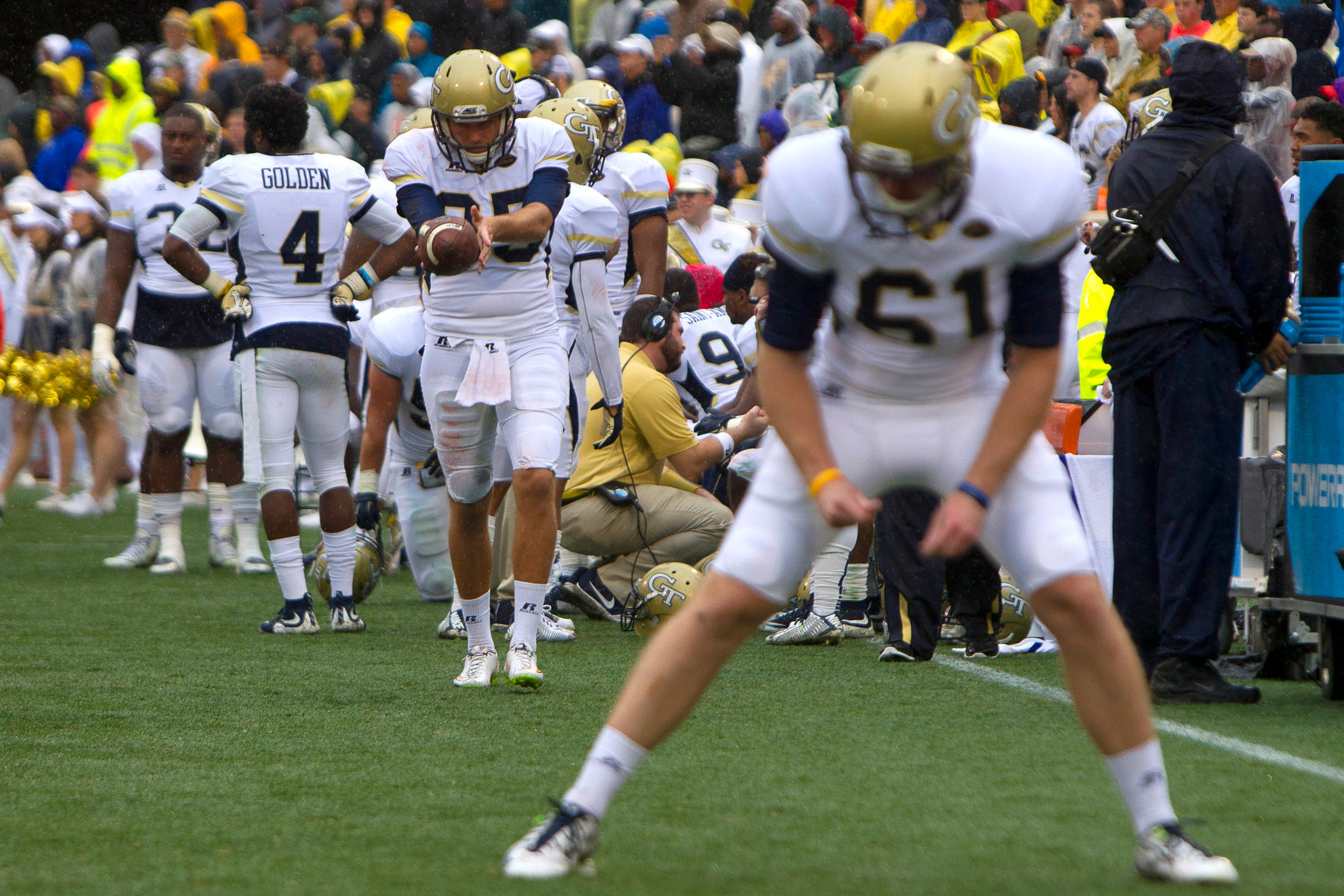Oct 10, 2015; Clemson, SC, USA; Georgia Tech Yellow Jackets punter Ryan Rodwell (85) practices on the sidelines. Credit: Joshua S. Kelly-USA TODAY Sports