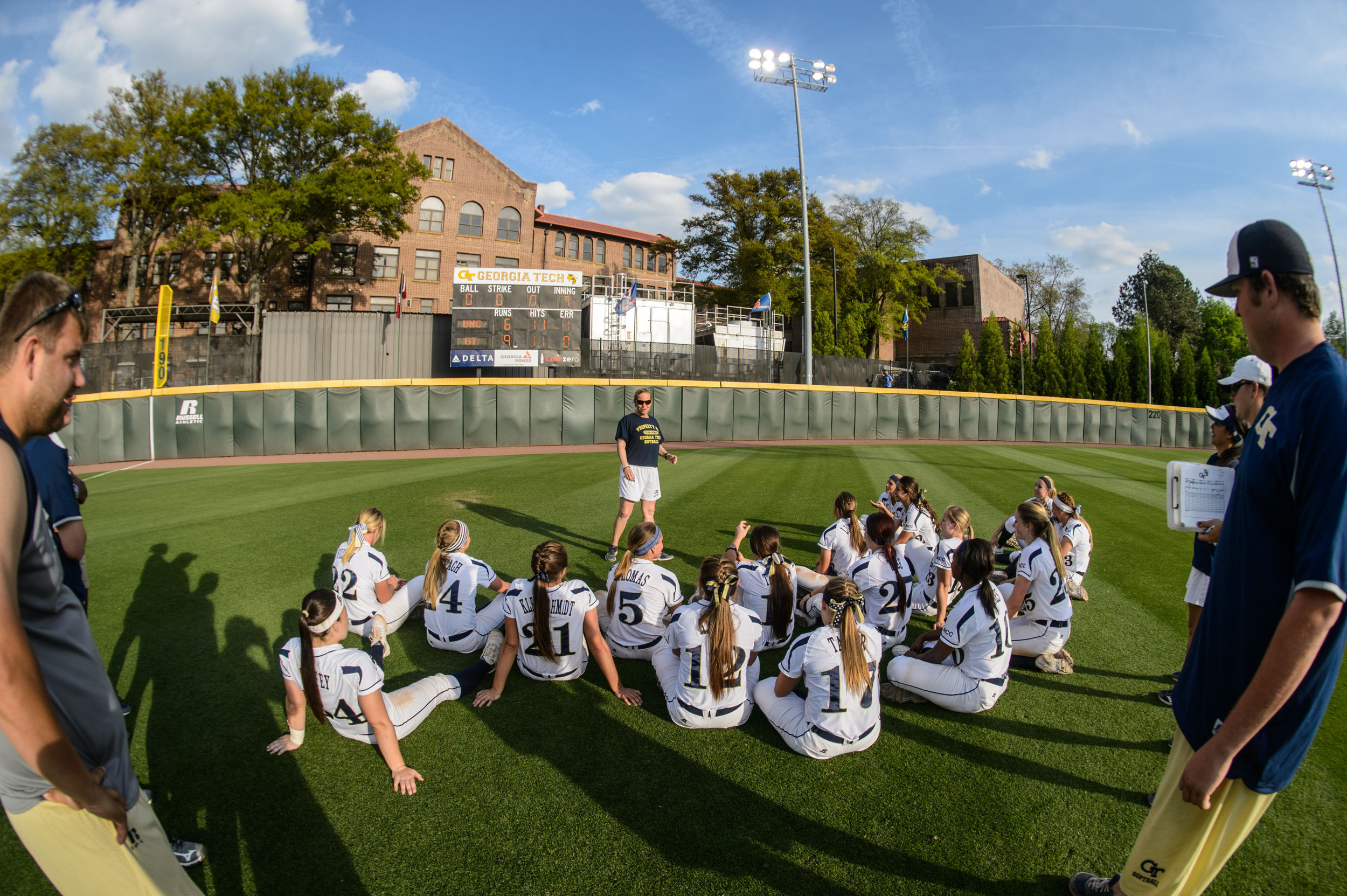 Coach Hoerner talks to the team after the win