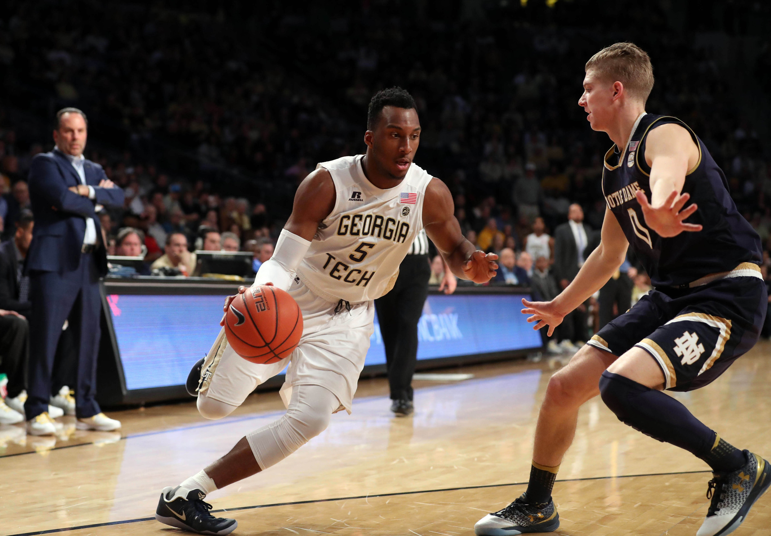 Yellow Jackets guard Josh Okogie (5) drives to the basket. Jason Getz-USA TODAY Sports