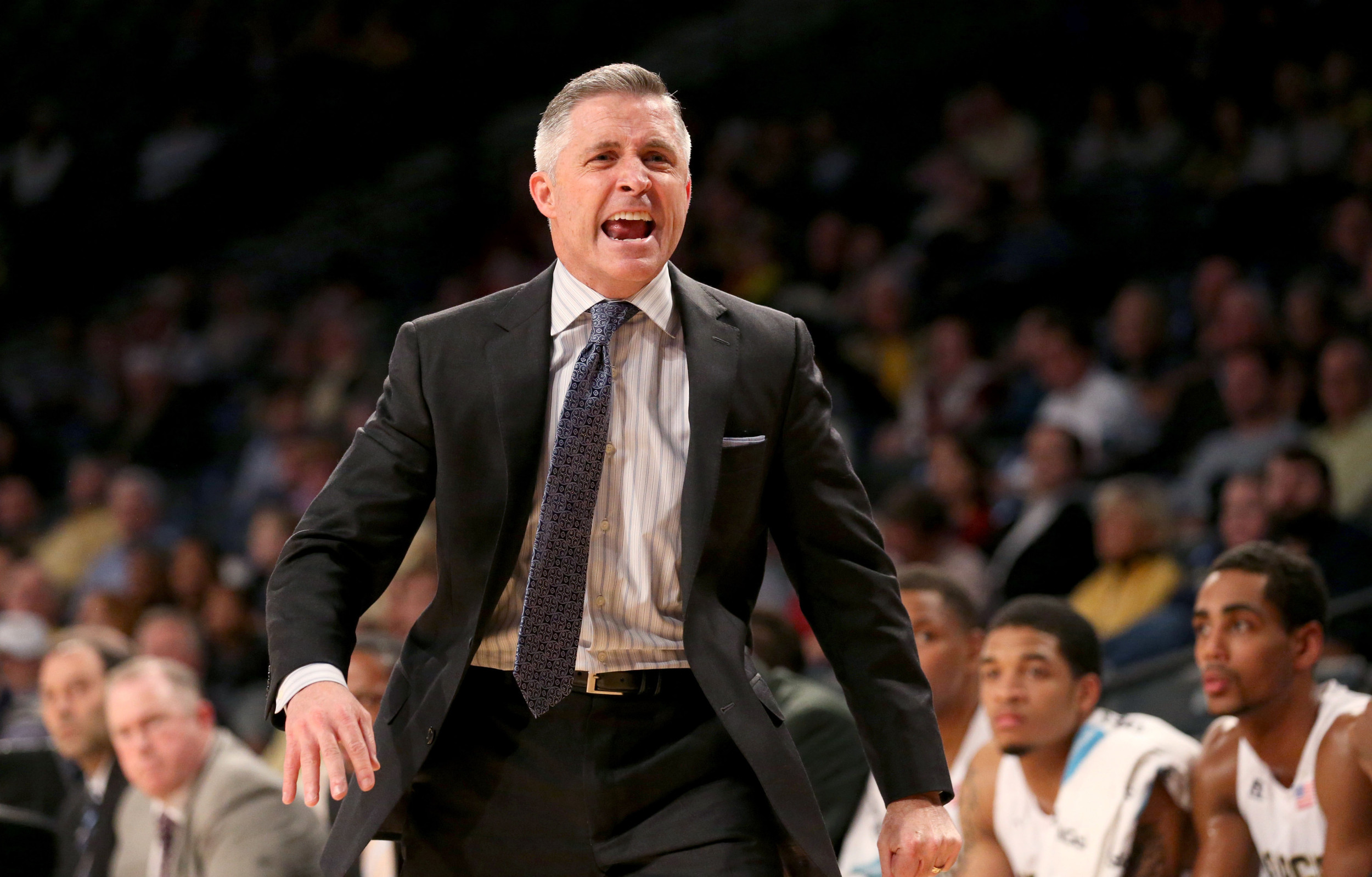 Dec 1, 2015; Atlanta, GA, USA; Georgia Tech Yellow Jackets head coach Brian Gregory reacts to a play in the first half of their game against the Wofford Terriers at McCamish Pavilion. The Yellow Jackets won 77-61. Mandatory Credit: Jason Getz-USA TODAY Sports