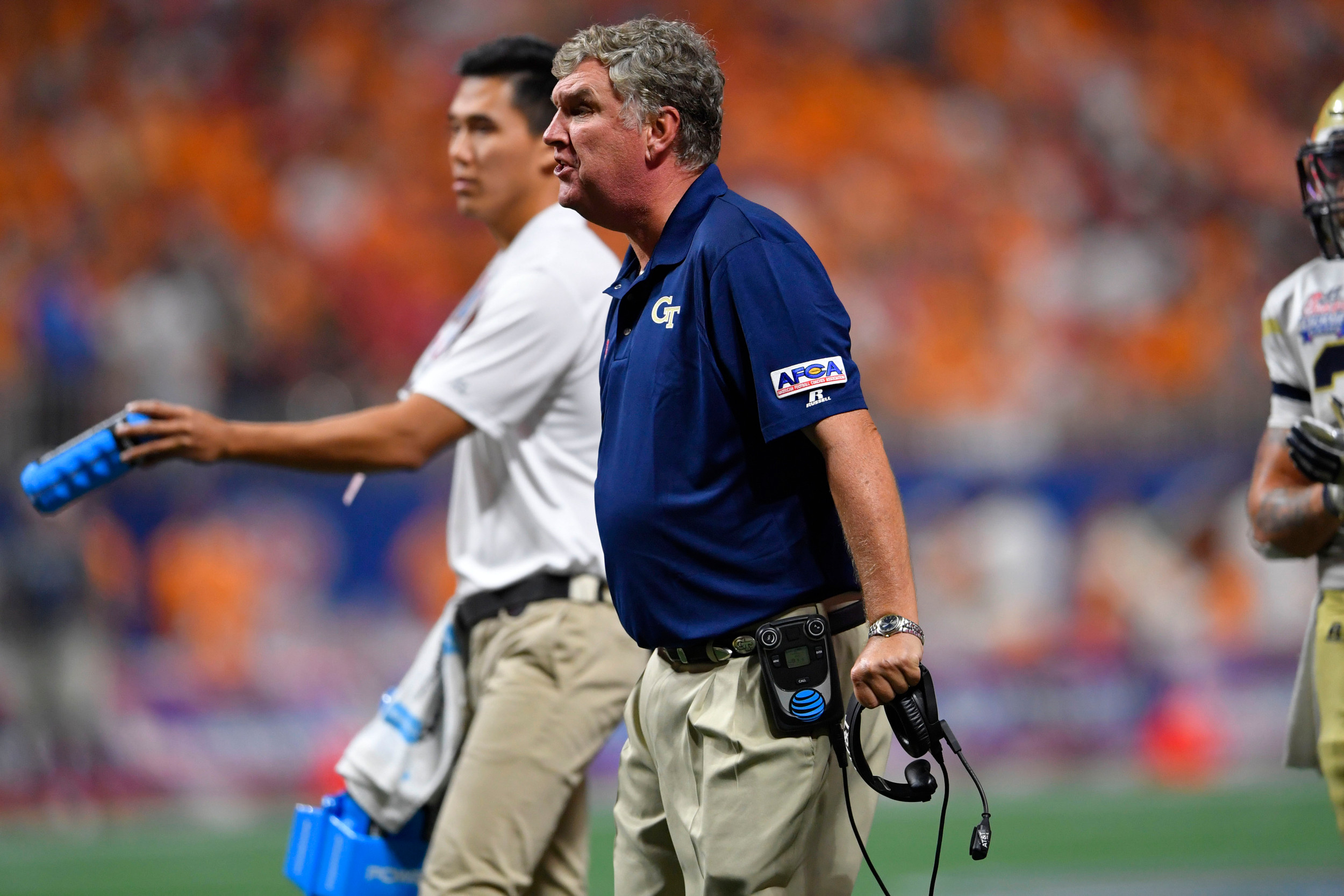 Sep 4, 2017; Atlanta, GA, USA; Georgia Tech Yellow Jackets head coach Paul Johnson (blue shirt) reacts during the third quarter against the Tennessee Volunteers at Mercedes-Benz Stadium. Mandatory Credit: Dale Zanine-USA TODAY Sports