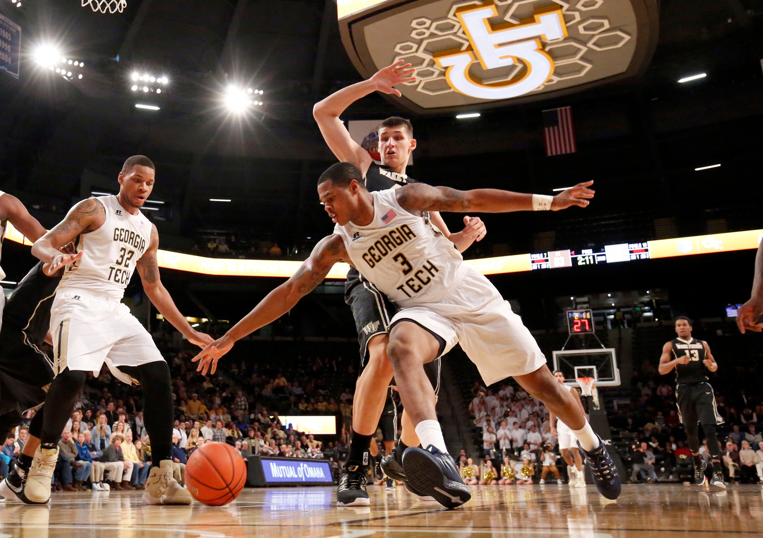 Feb 10, 2016; Atlanta, GA, USA; Georgia Tech Yellow Jackets guard Marcus Georges-Hunt (3) fights for a loose ball. Credit: Jason Getz-USA TODAY Sports