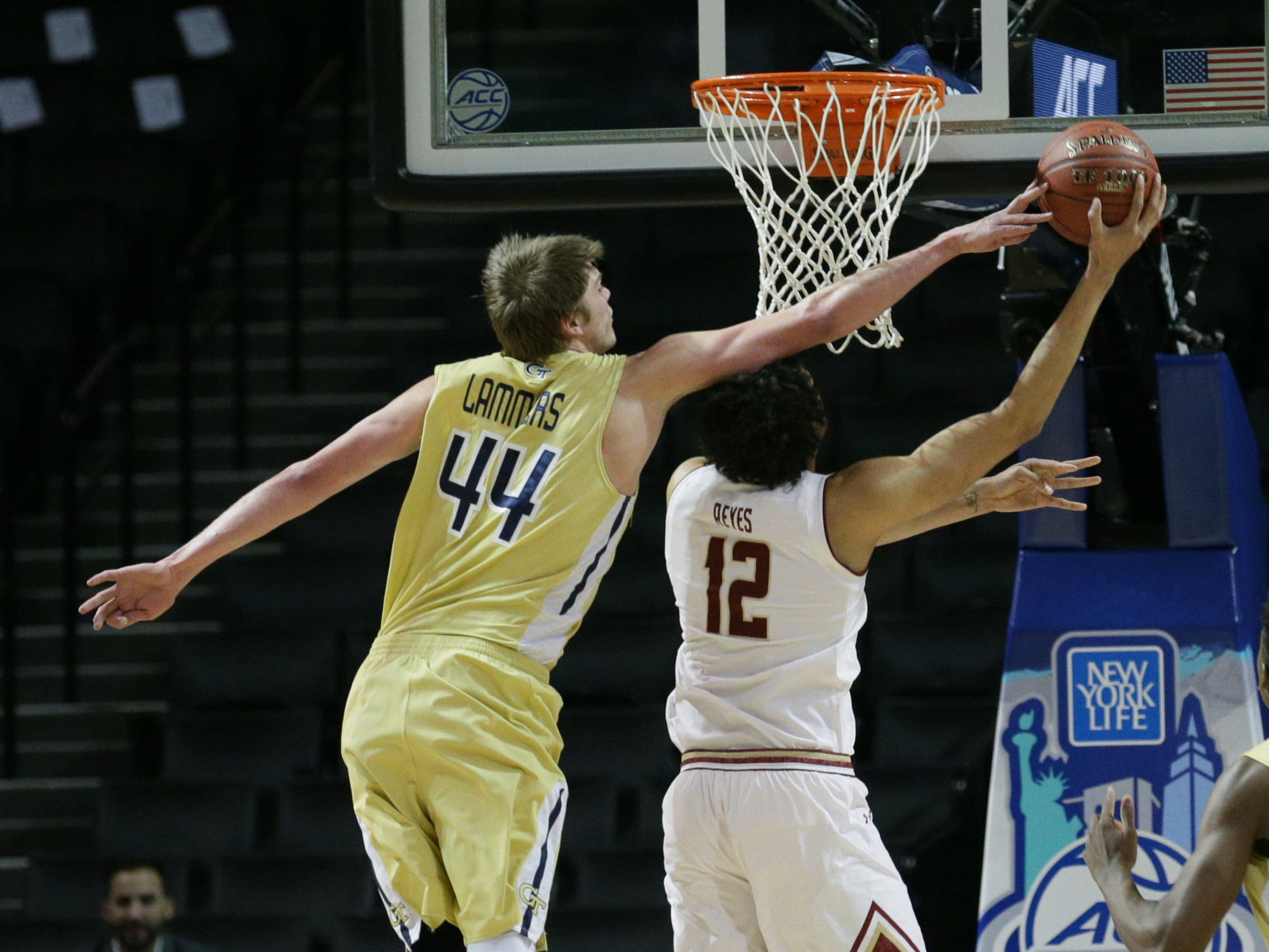 Mar 6, 2018; New York, NY, USA; Georgia Tech Yellow Jackets center Ben Lammers (44) blocks a shot against Boston College Eagles forward Johncarlos Reyes (12) during the first half of a first round game of the 2018 ACC tournament at Barclays Center. Mandatory Credit: Nicole Sweet-USA TODAY Sports