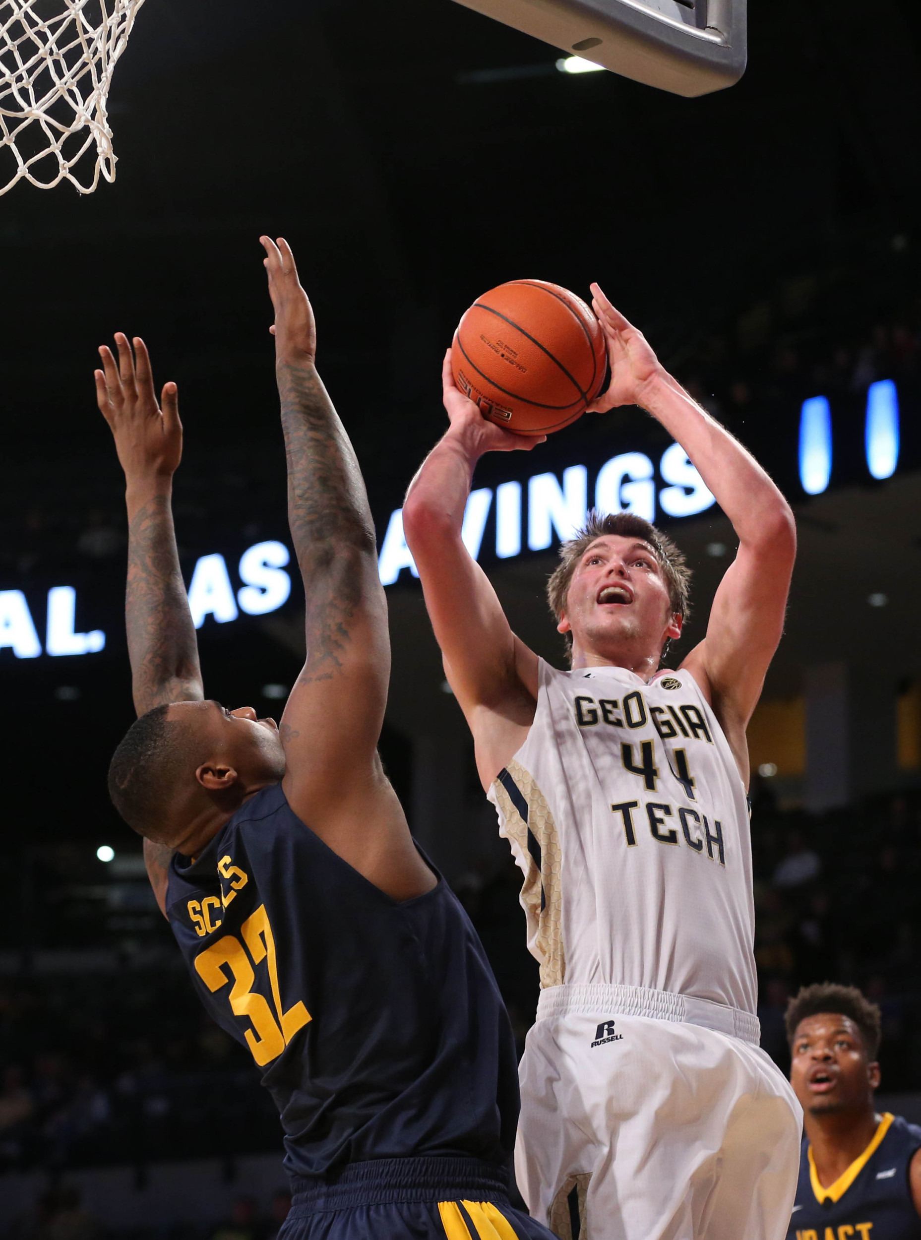 Ben Lammers (44) attempts a shot against North Carolina A&T Aggies forward Aaron Scales (32) in the first half of their game at McCamish Pavilion. Jason Getz-USA TODAY Sports