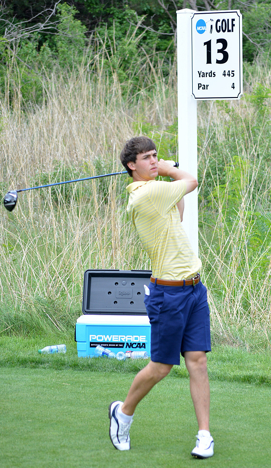 Ollie Schniederjans of Georgia Tech during the NCAA Golf Championships at Prairie Dunes Country Club in Hutchinson, Kansas, on Saturday, May 24, 2014. (Photo by Steven Colquitt)