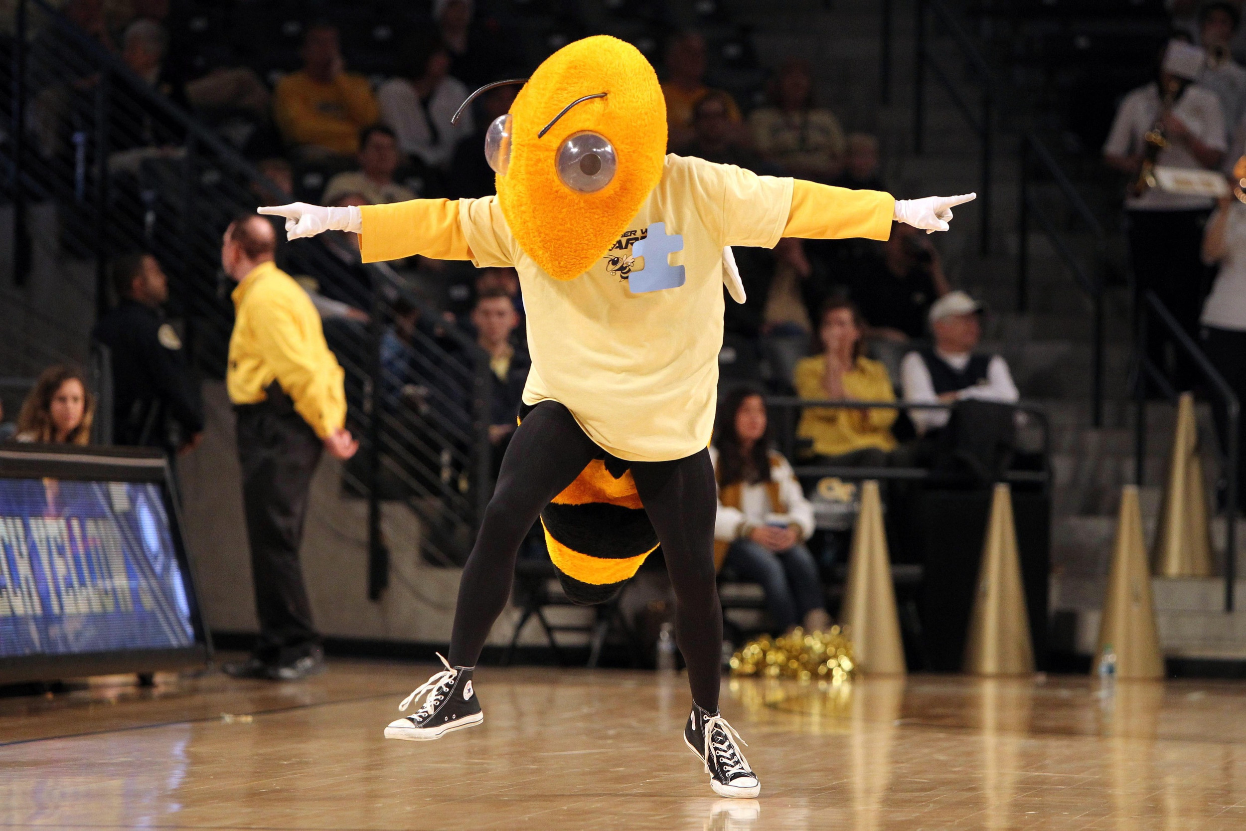 Feb 7, 2015; Atlanta, GA, USA; Georgia Tech Yellow Jackets mascot Buzz performs against the Wake Forest Demon Deacons in the second half at McCamish Pavilion. Georgia Tech defeated Wake Forest 73-59. Mandatory Credit: Brett Davis-USA TODAY Sports