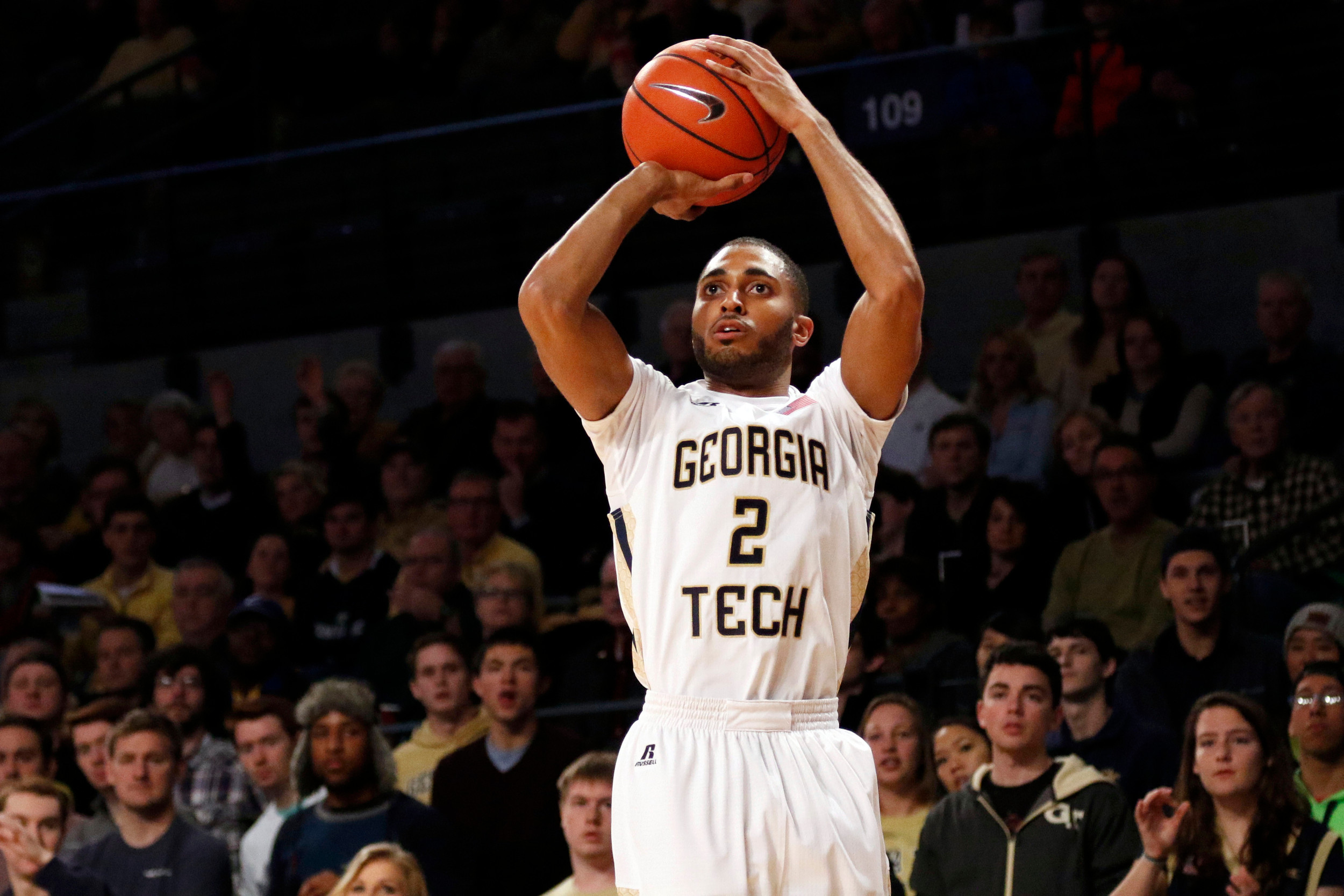 Jan 23, 2016; Atlanta, GA, USA; Georgia Tech Yellow Jackets guard Adam Smith (2) shoots the ball. Credit: Brett Davis-USA TODAY Sports