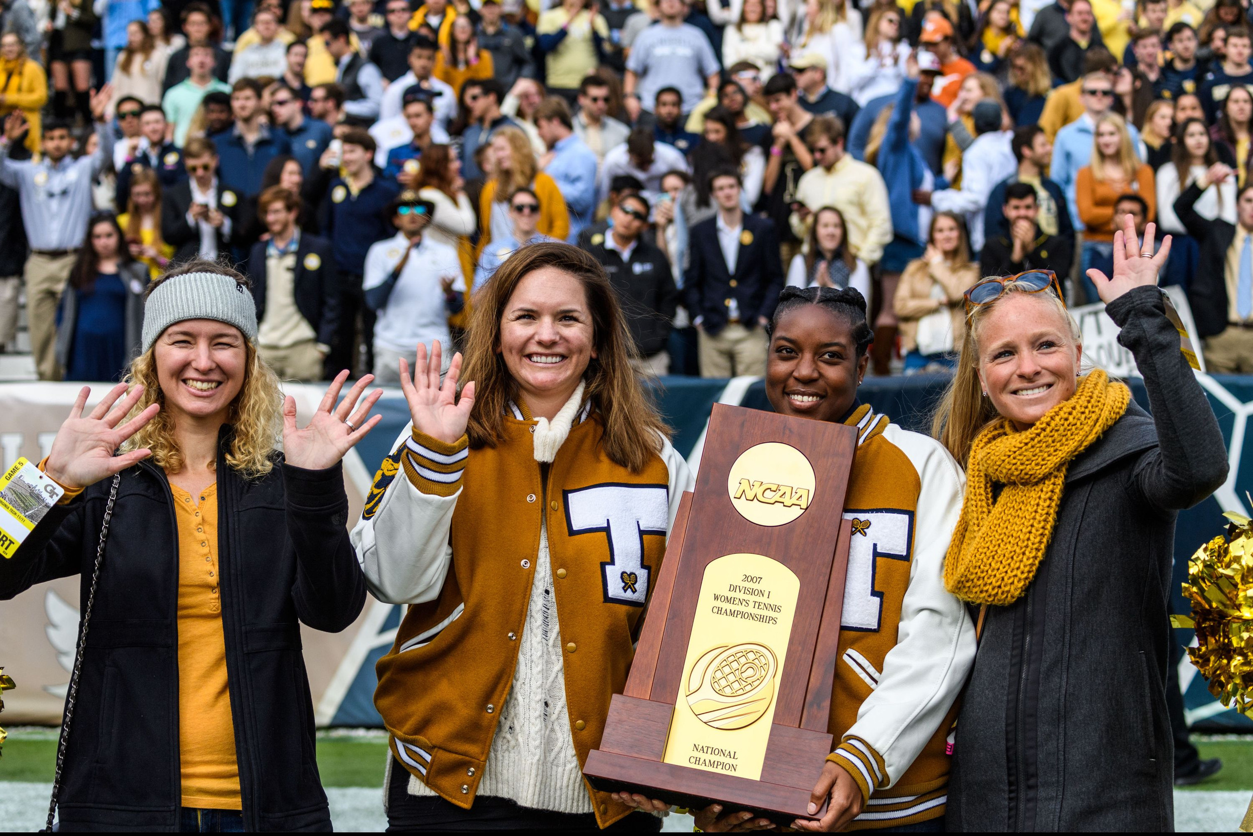 The 2007 National Championship Women's Tennis team was honored during the game for the 10th anniversary of their national championship. Kristi North (Miller), Alison Silverio, Whitney McCray, and Christy Lynch (Striplin) were at today's game