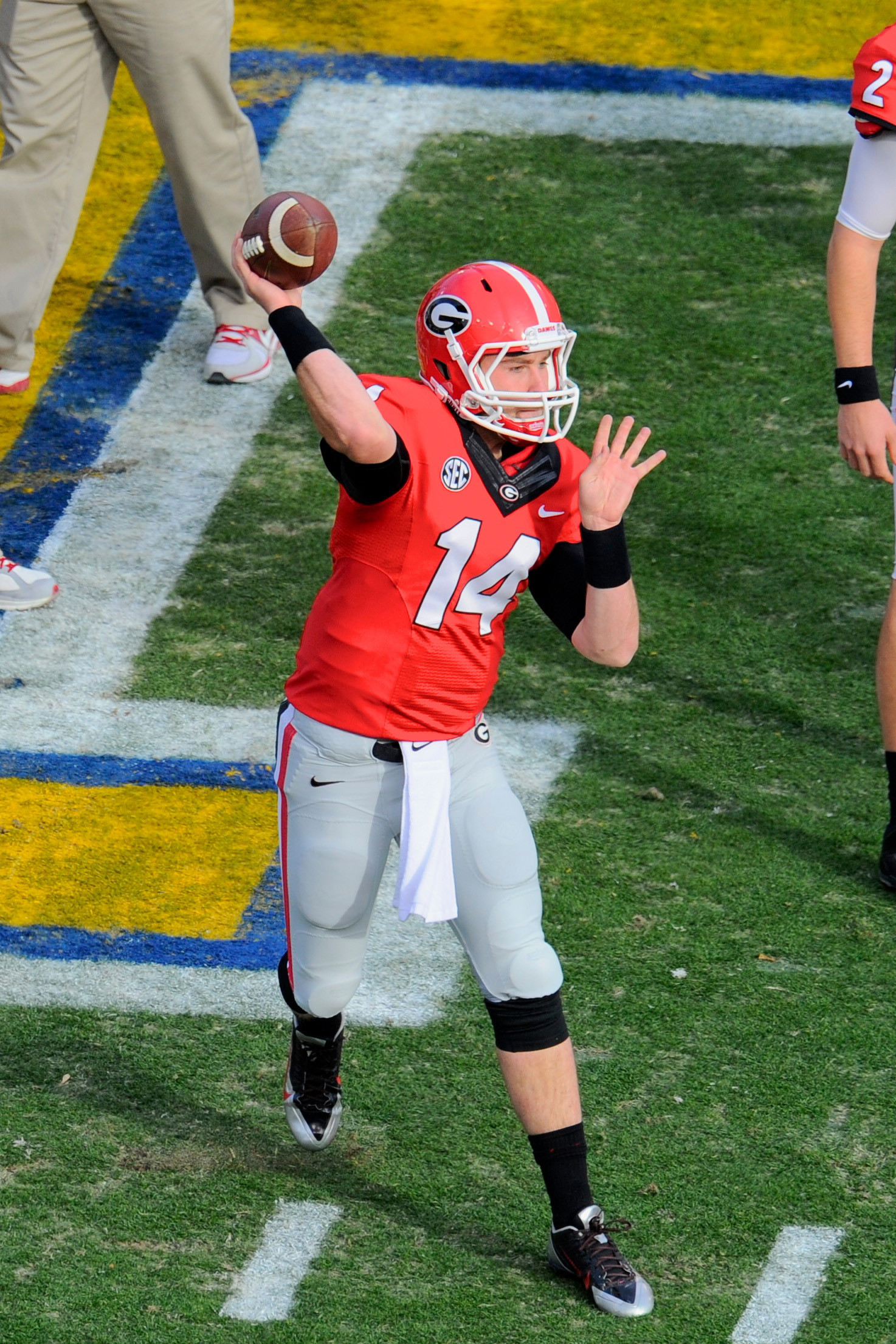 Nov 30, 2013; Atlanta, GA, USA; Georgia Bulldogs quarterback Hutson Mason (14) warms up on the field prior to the game against the Georgia Tech Yellow Jackets at Bobby Dodd Stadium. Mandatory Credit: Dale Zanine-USA TODAY Sports