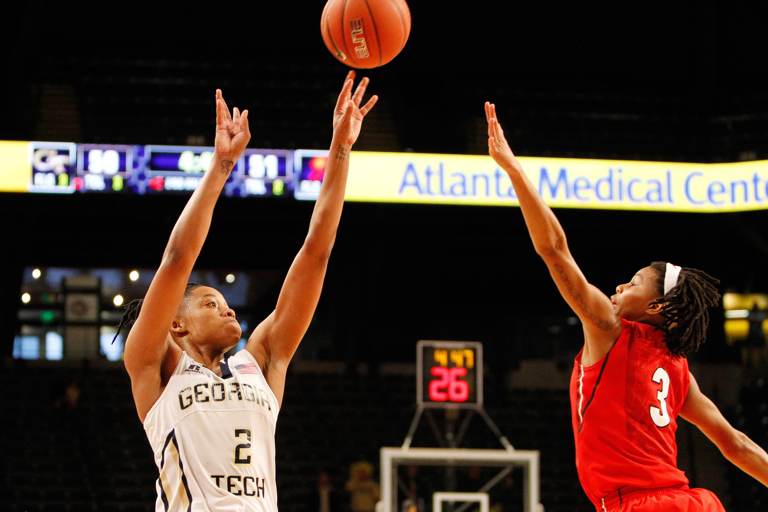 Nov 23, 2014; Atlanta, GA, USA; Georgia Tech Yellow Jackets guard Aaliyah Whiteside (2) shoots the ball over Georgia Bulldogs guard Tiaria Griffin (3) in the second half at McCamish Pavilion. Georgia defeated Georgia Tech 64-57. Mandatory Credit: Brett Davis-USA TODAY Sports
