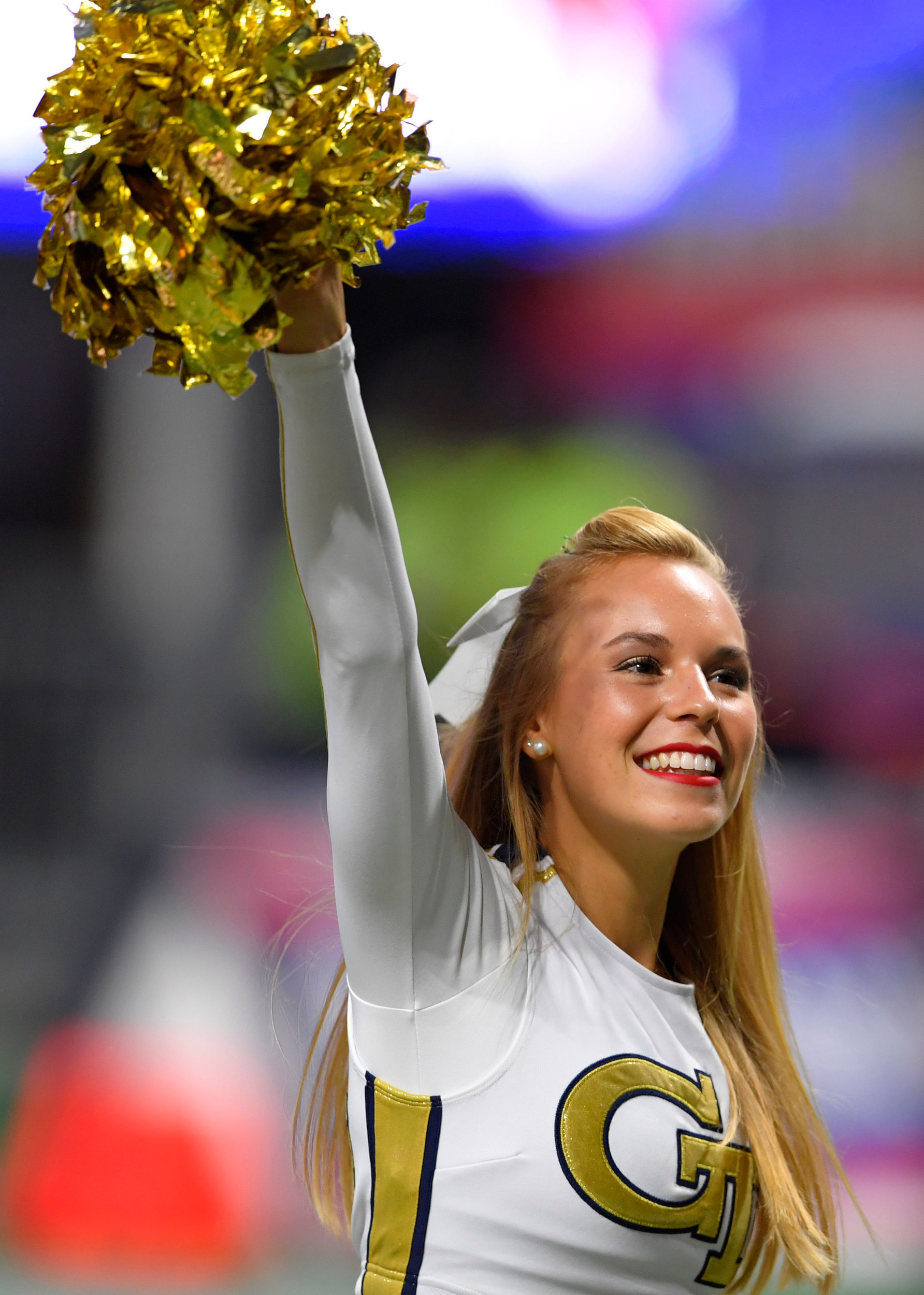 Sep 4, 2017; Atlanta, GA, USA; A Georgia Tech Yellow Jackets cheerleader performs before a game against the Tennessee Volunteers at Mercedes-Benz Stadium. Mandatory Credit: Dale Zanine-USA TODAY Sports