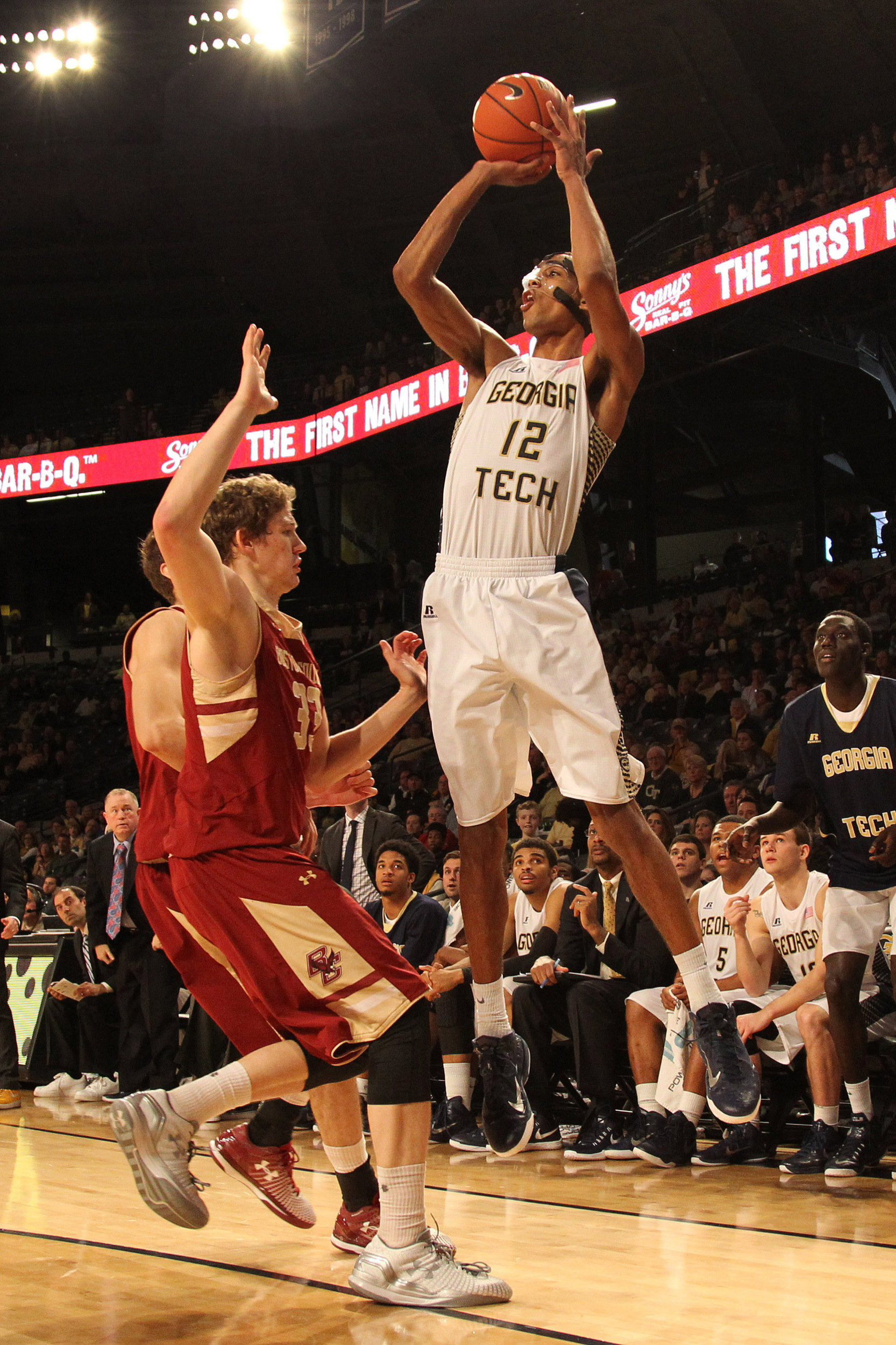 Jan 25, 2015; Atlanta, GA, USA; Georgia Tech Yellow Jackets forward Quinton Stephens (12) makes a three point basket against the Boston College Eagles in the second half at McCamish Pavilion. Boston College defeated Georgia Tech 64-62. Mandatory Credit: Brett Davis-USA TODAY Sports