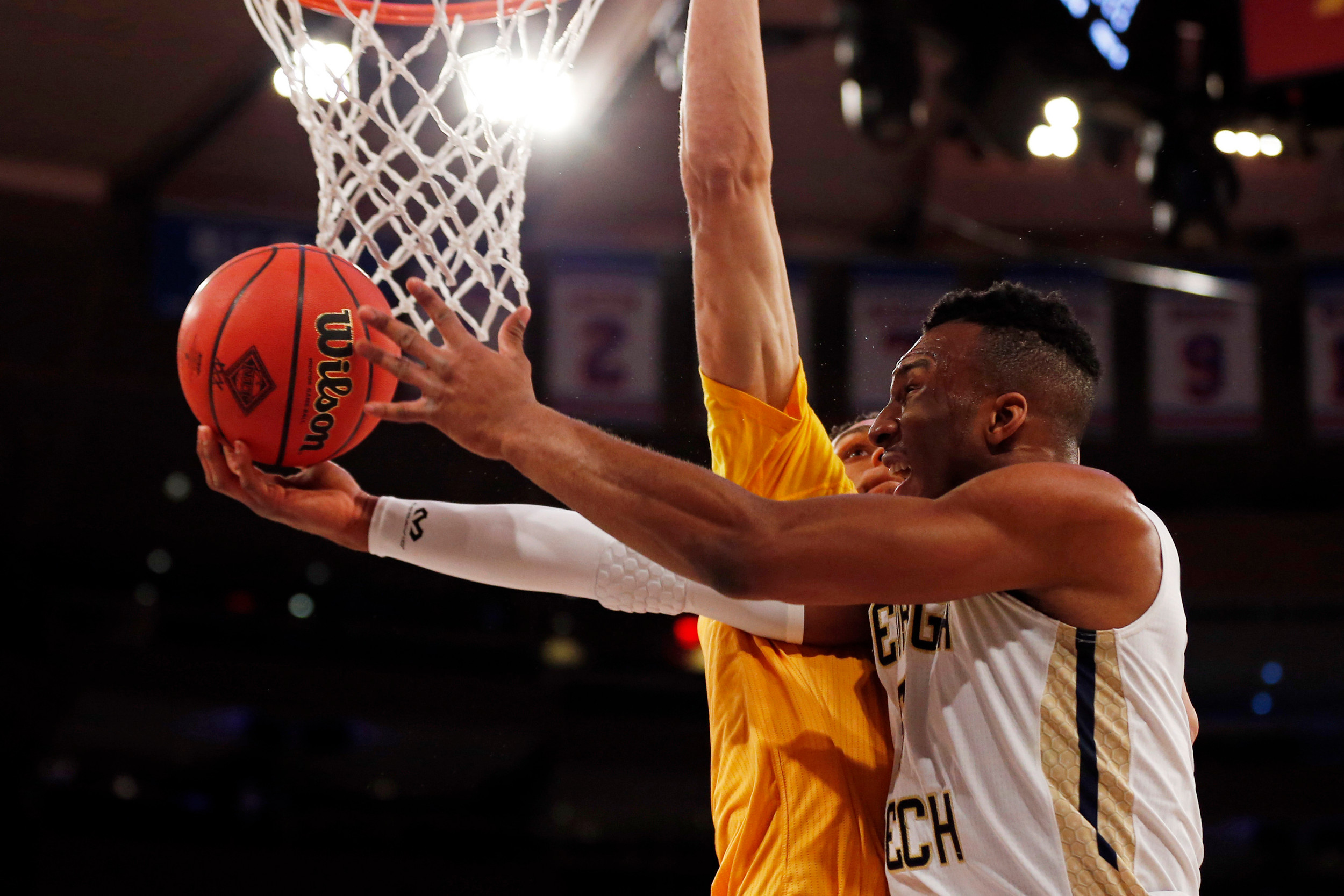 Guard Josh Okogie drives to the basket against the Cal State Bakersfield Roadrunners during the first half in the semifinals of the 2017 NIT Tournament at Madison Square Garden. Credit: Adam Hunger-USA TODAY Sports