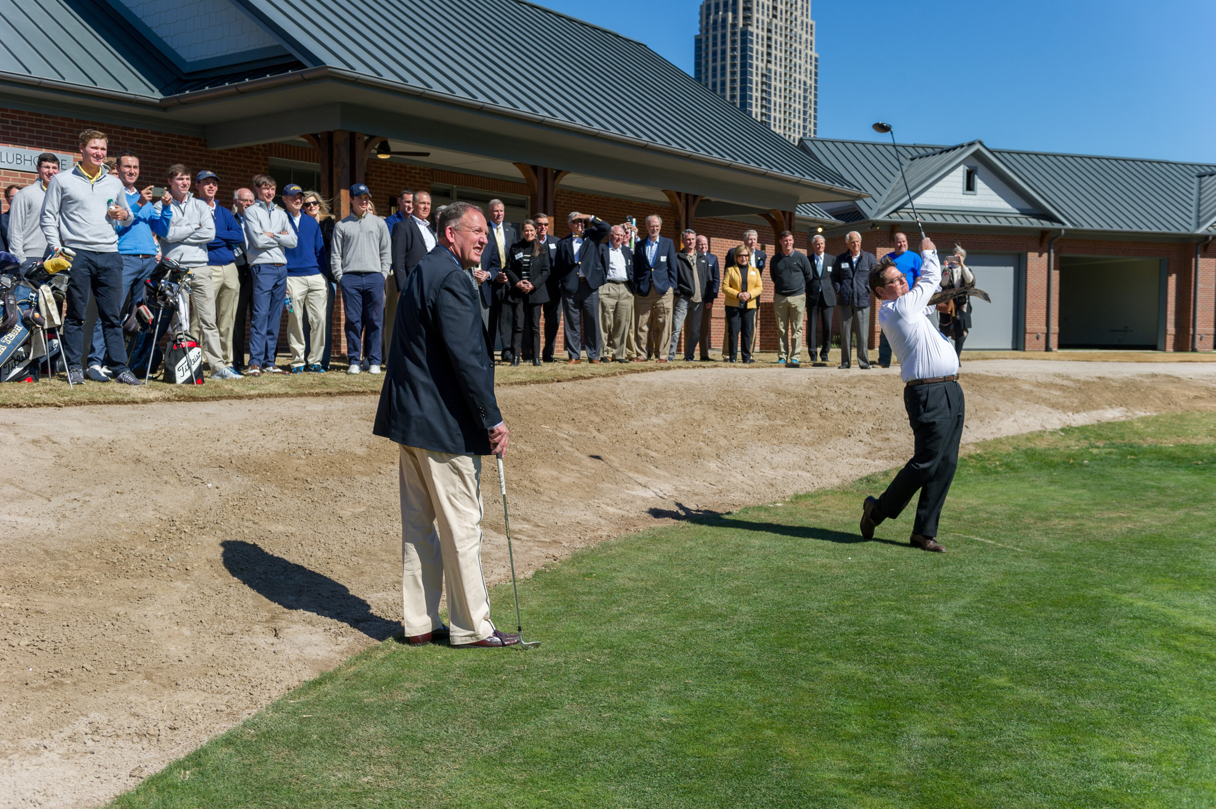 Tom Noonan hitting the cereminial first shot at the Noonan Golf Facility dedication